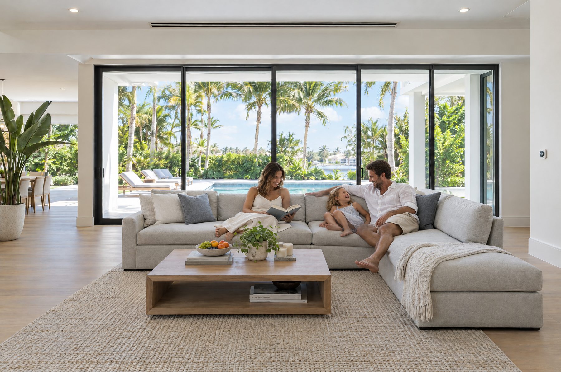 The same great room in natural afternoon light with a relaxed family reading and laughing on the sofa
