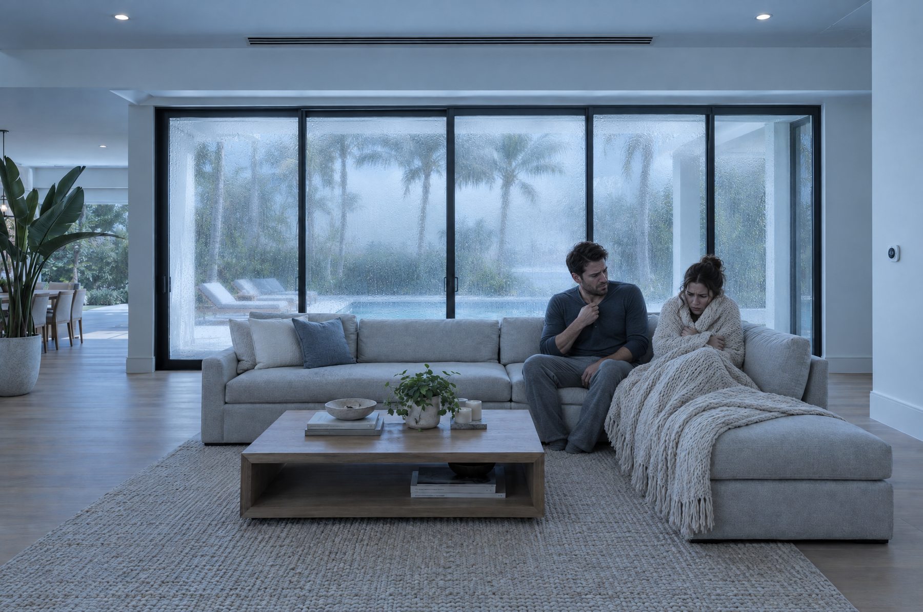The same great room with a cold blue cast and condensation on the glass doors, a woman wrapped in a blanket and a man tugging at his collar