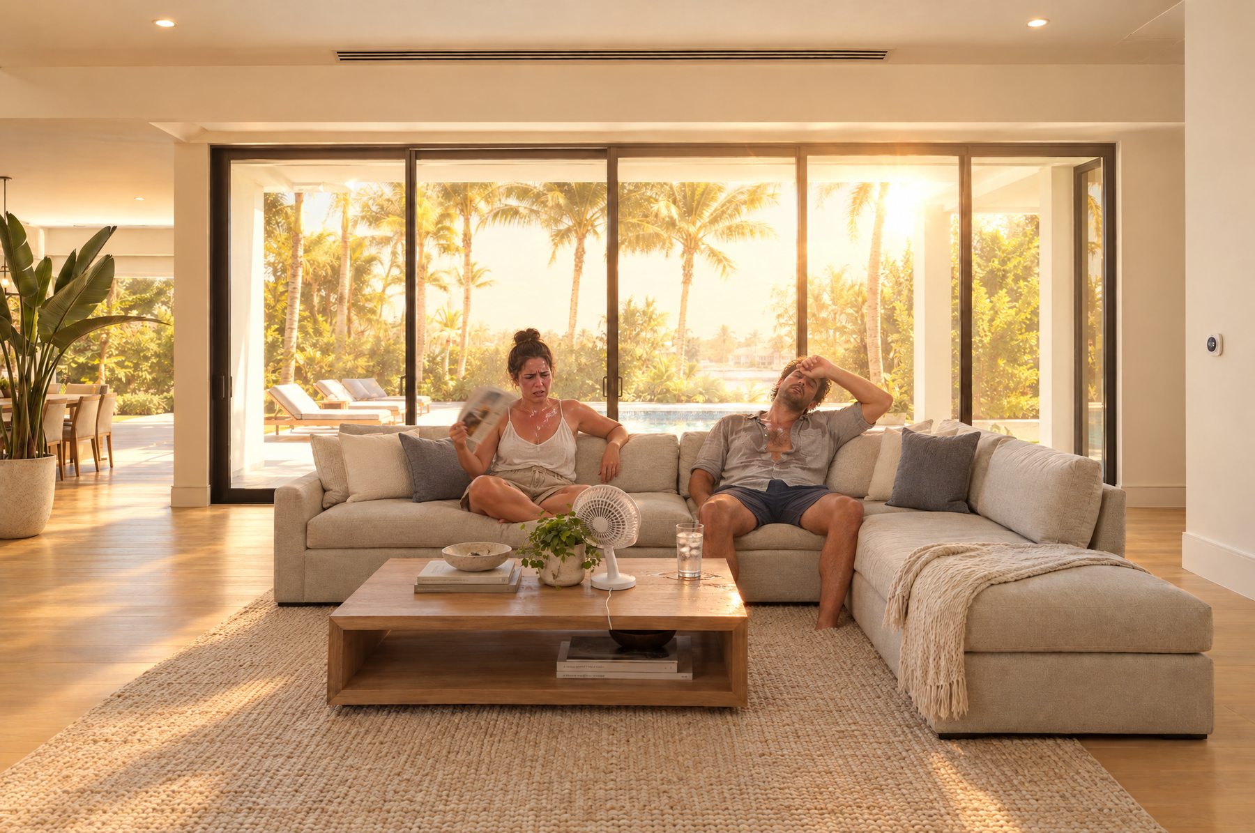 A Florida great room on a hot afternoon with harsh sun through the glass doors and a sweaty couple on the sofa fanning themselves beside a small desk fan