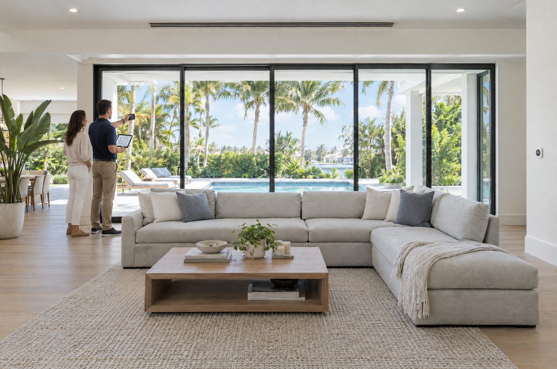 The same great room with an HVAC designer measuring the glass doors with a laser measure and a tablet while the homeowner watches