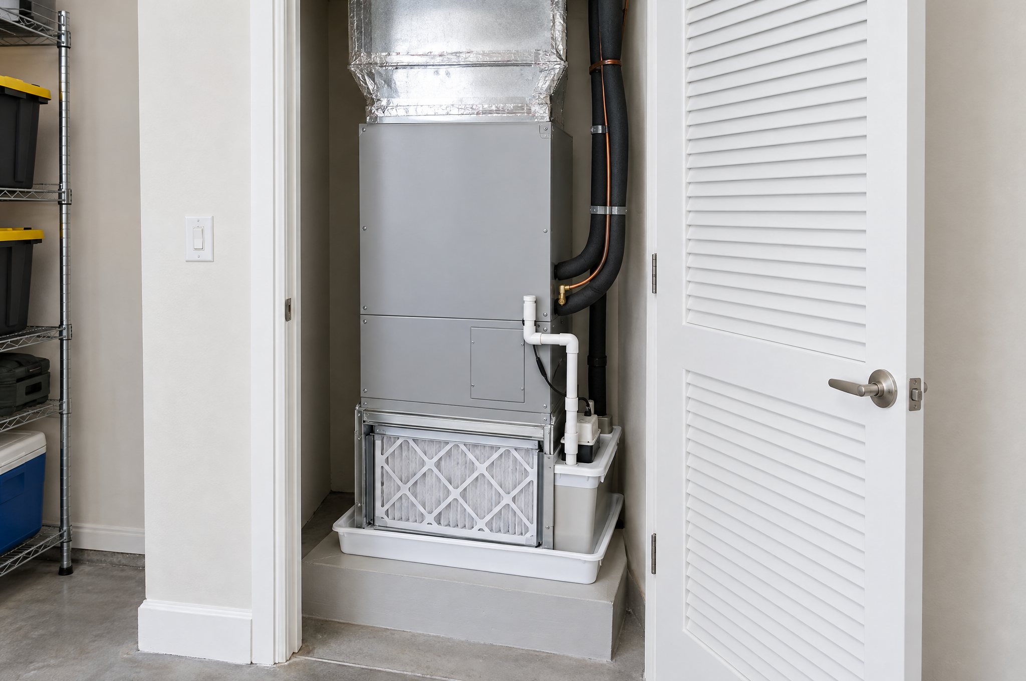 An indoor air handler in a garage closet with a fresh filter, insulated refrigerant lines, a condensate drain and an overflow pan
