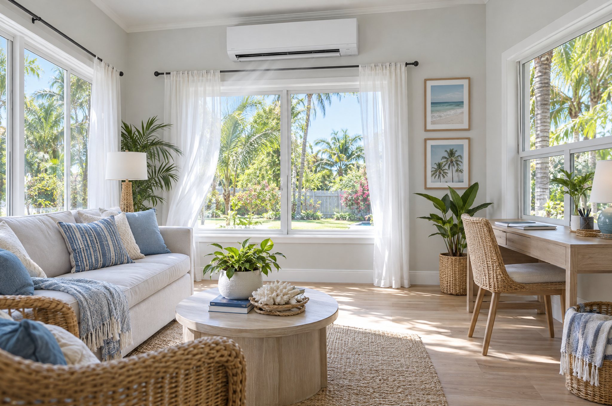 A white ductless wall unit above the windows of a bright Florida sunroom with wicker chairs, a sofa and palms outside