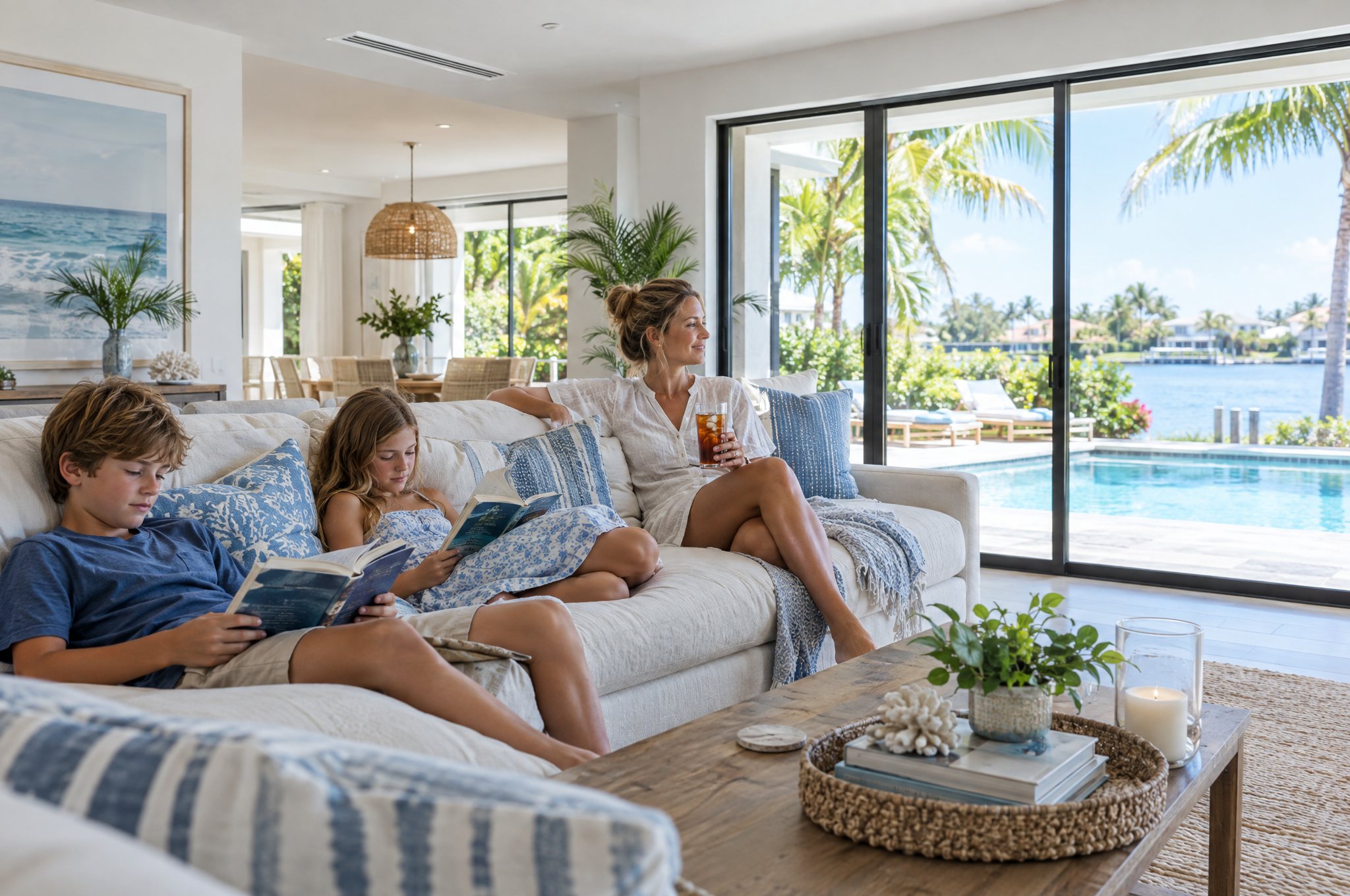 A mother and two kids reading on a sofa in a bright, cool Florida living room with a pool and the water beyond the glass doors