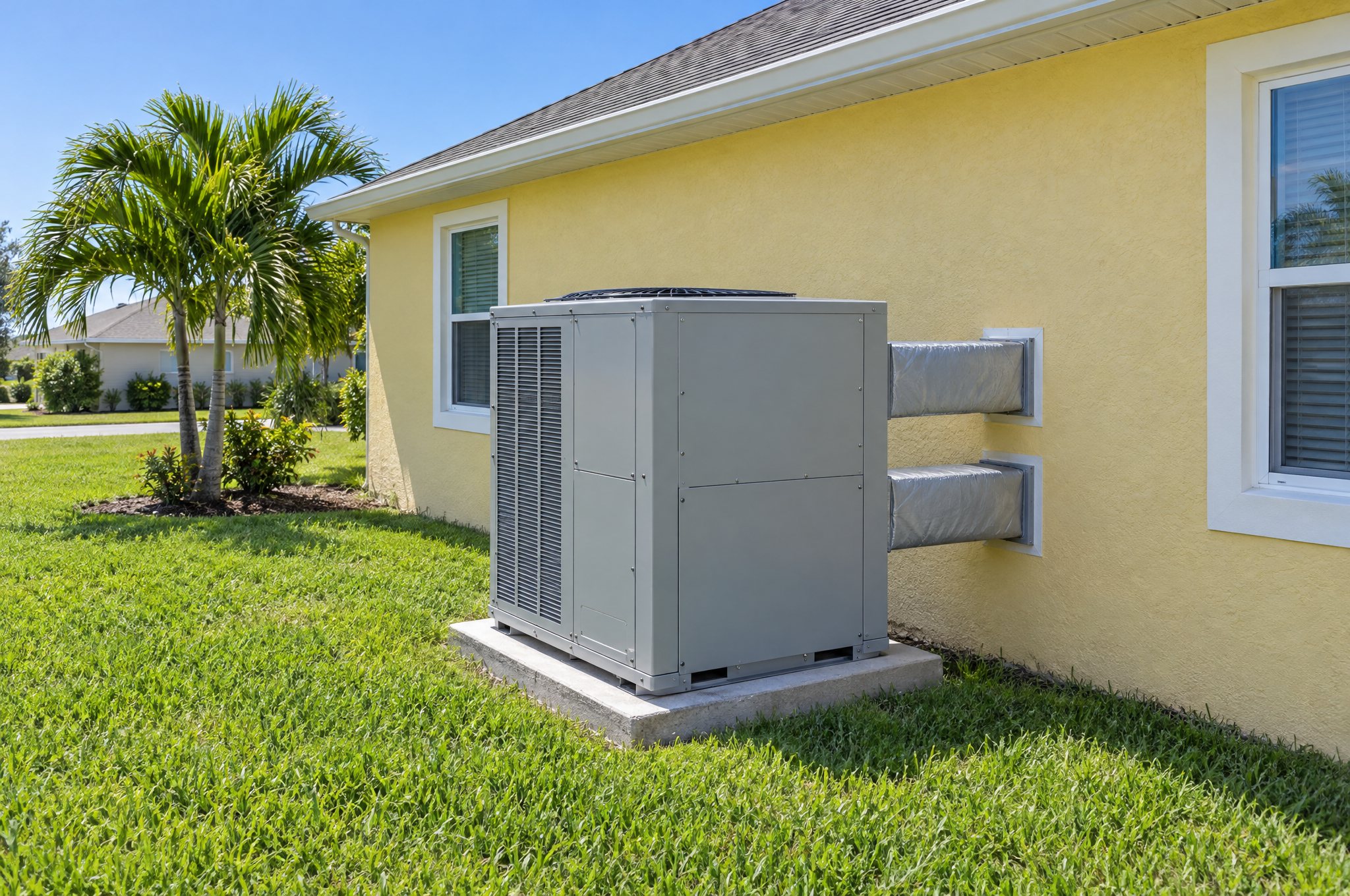 A grey packaged heating and cooling unit on a concrete pad beside a yellow stucco single-story Florida home, with insulated ducts running into the wall