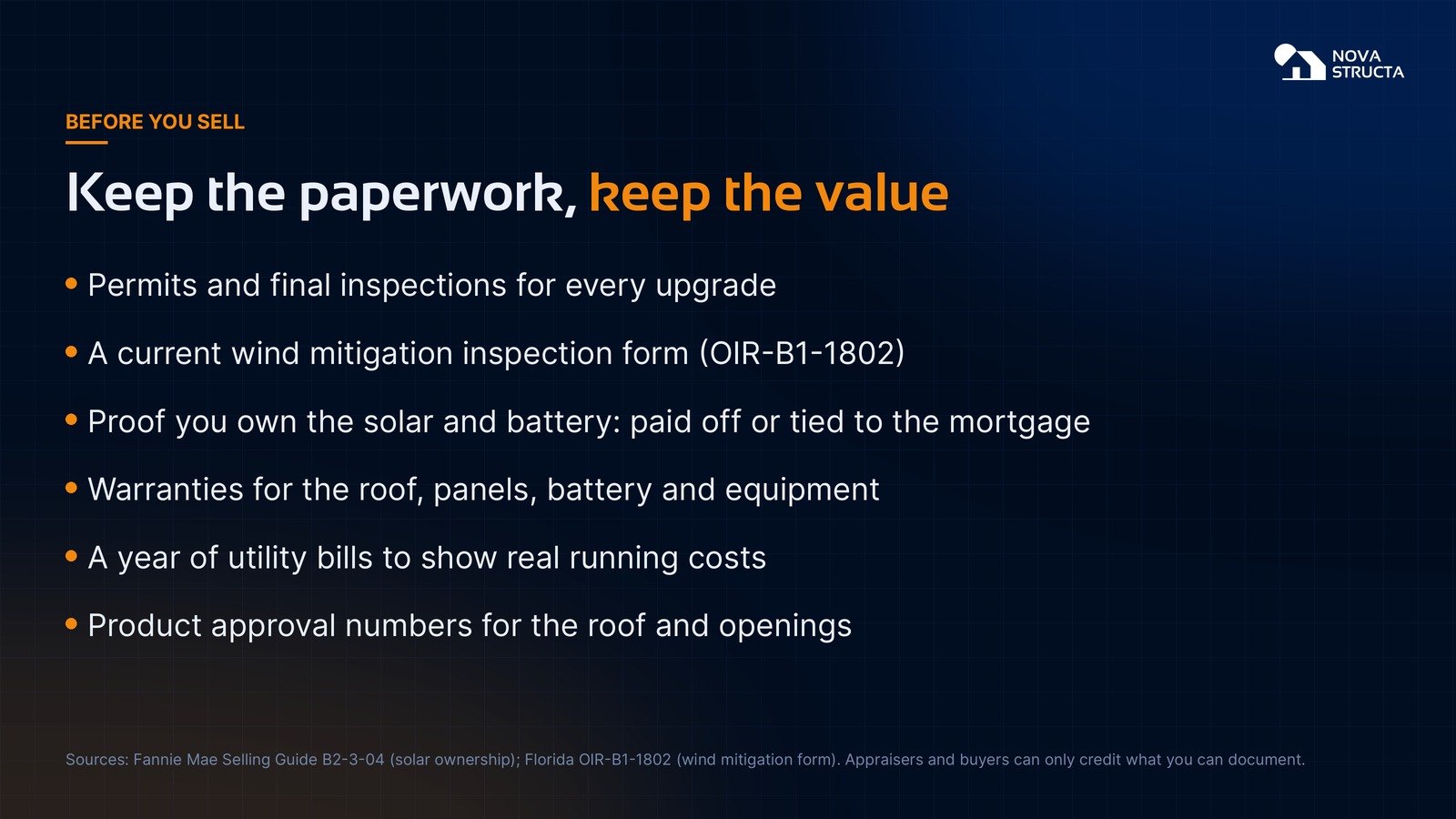 Keep the paperwork, keep the value: permits, wind mitigation form, solar ownership proof, warranties, utility bills and product approvals
