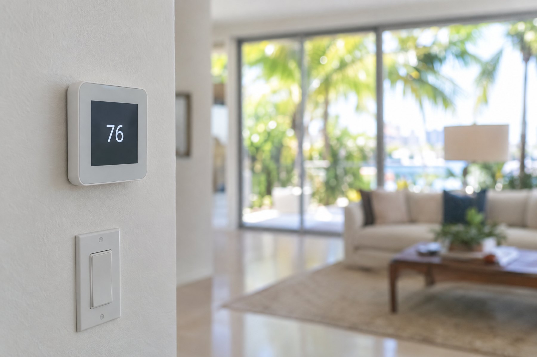 A slim white smart thermostat showing 76 degrees on a living room wall, with a bright Florida living room and palms out of focus behind it