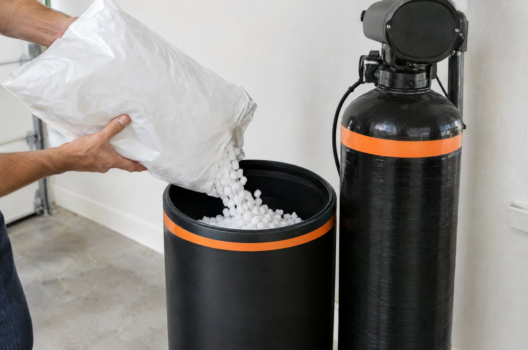 Hands pouring white salt pellets into the black brine tank of a water softener in a clean Florida garage