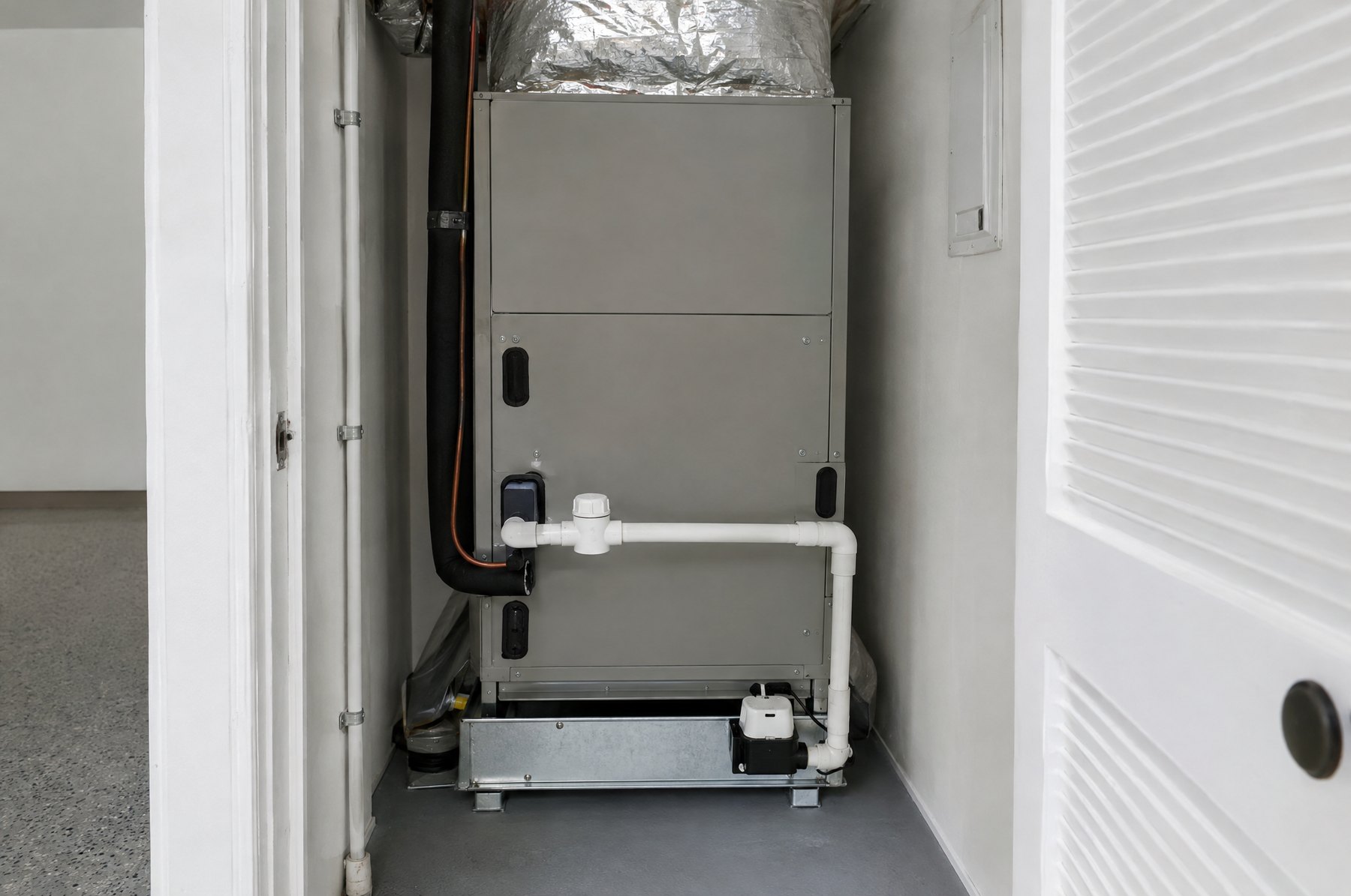 An air handler in a garage closet with its white PVC condensate drain line, a cleanout tee and a drain pan with a float safety switch
