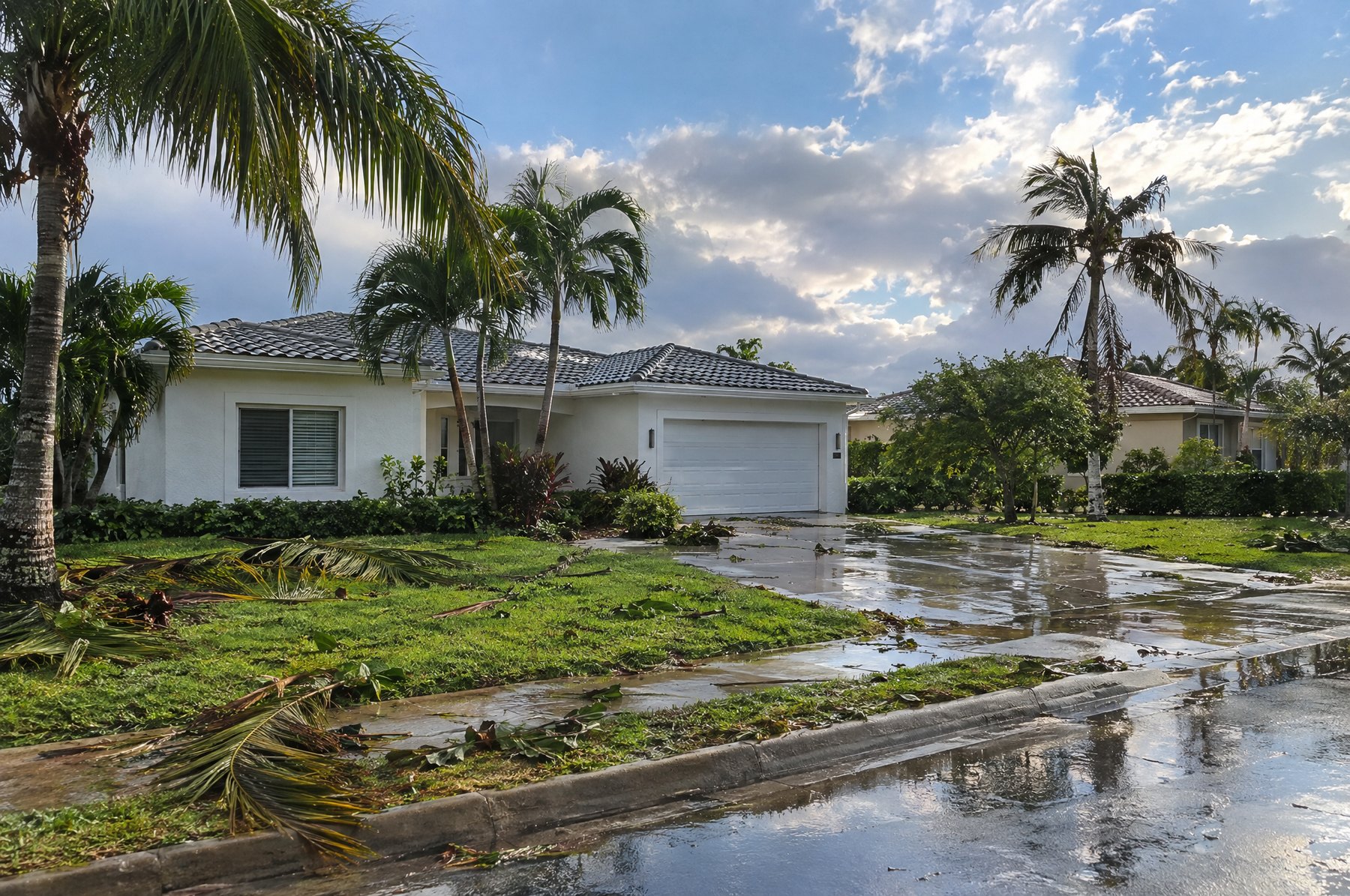 A white stucco Florida home with an intact roof, torn palm fronds and branches on the wet lawn and driveway under a clearing sky