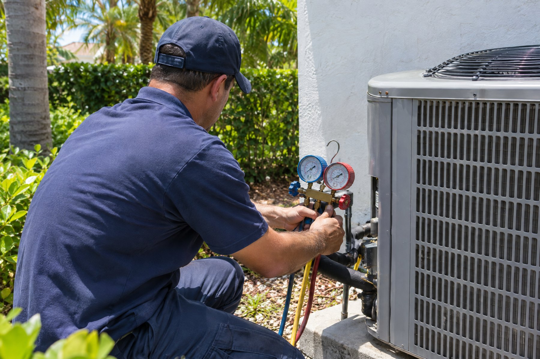 An HVAC technician kneeling beside an outdoor condenser, connecting a refrigerant gauge set to the service ports