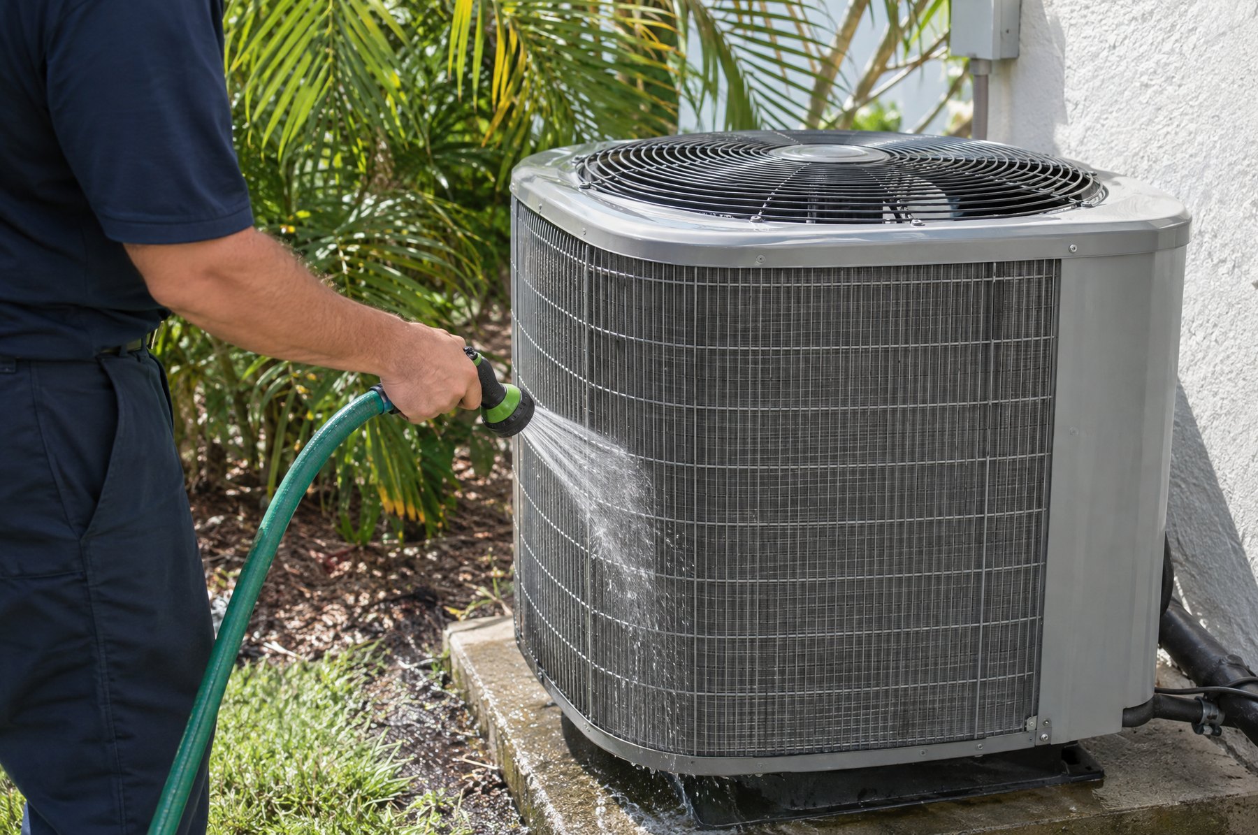 A technician rinsing the fins of an outdoor AC condenser with a gentle hose spray beside a Florida home
