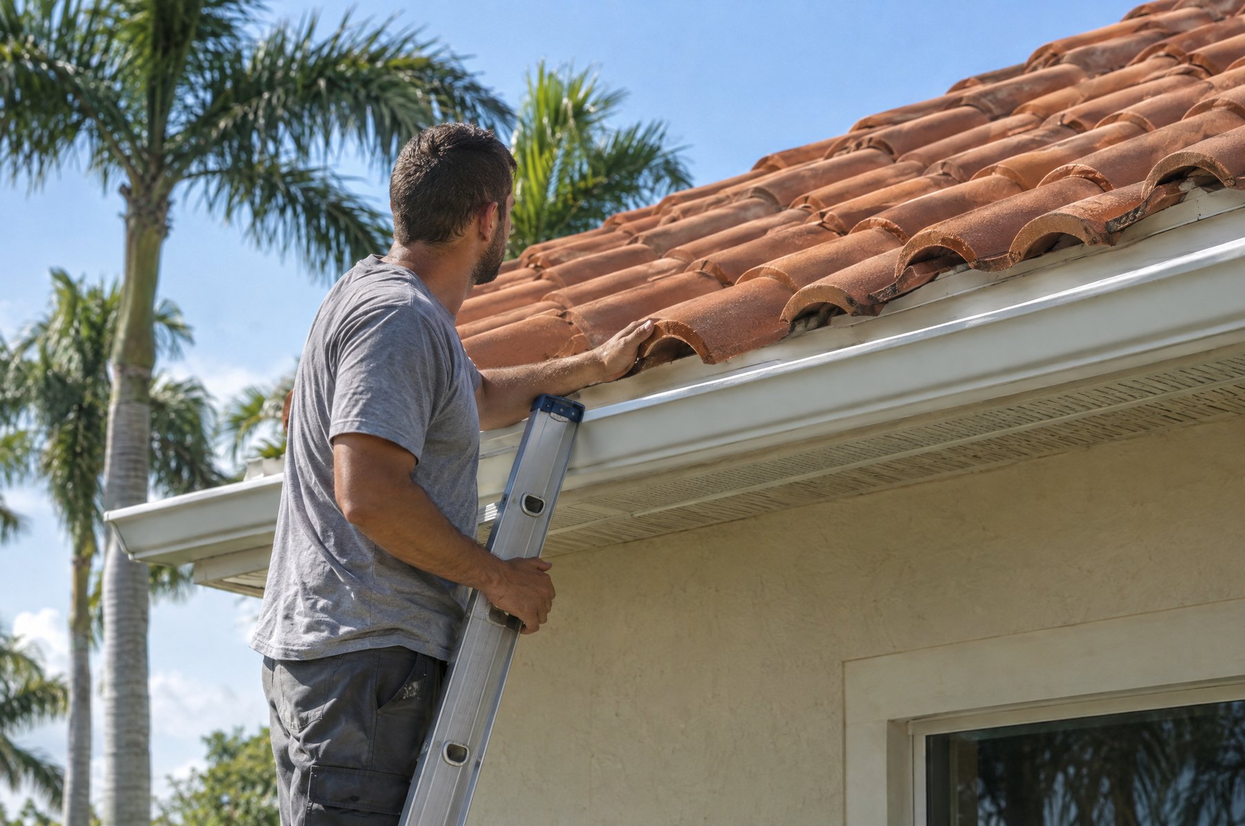 A roofer on an extension ladder checking the edge of a terracotta barrel tile roof and the gutter, palms behind