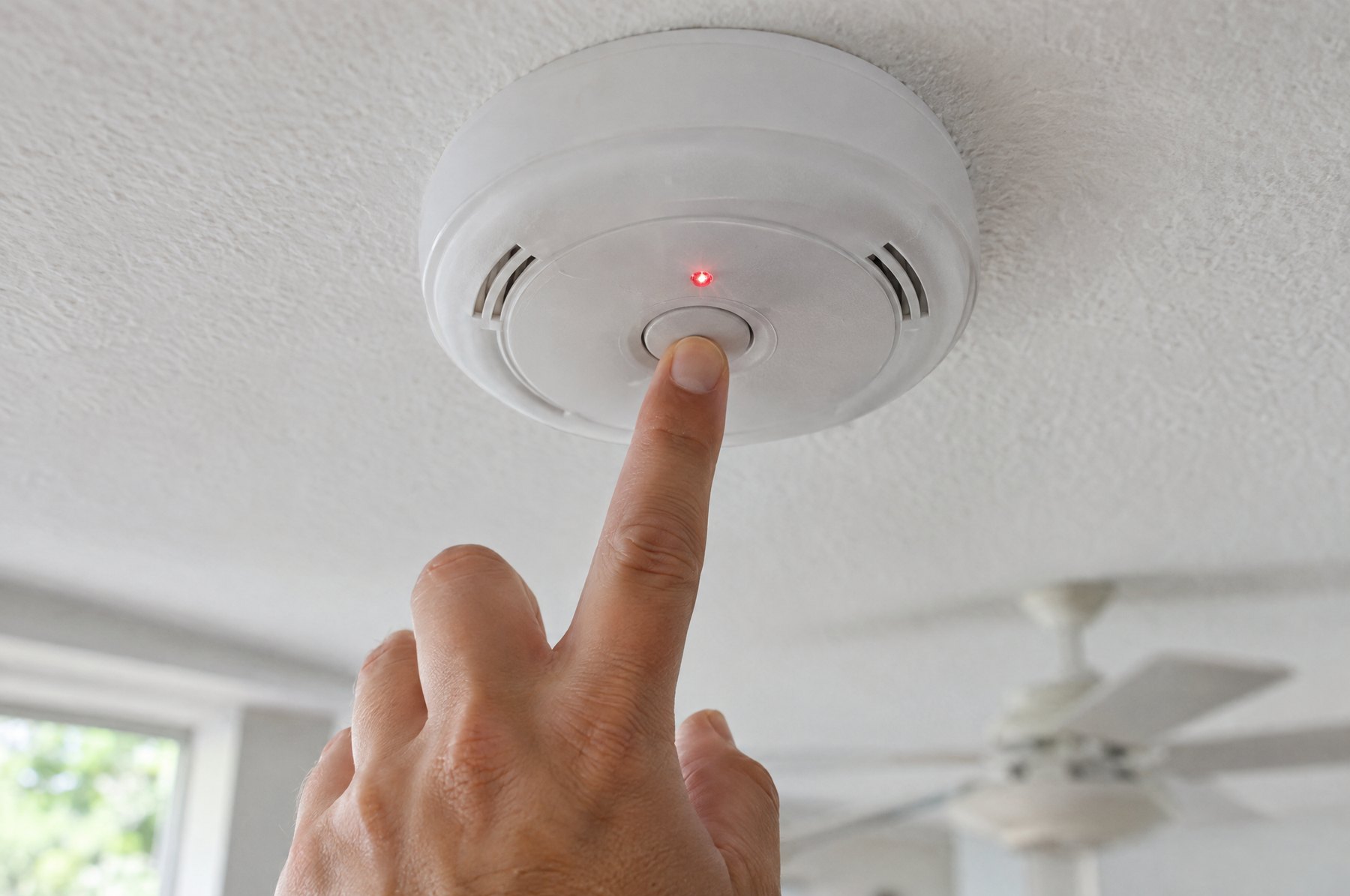 A finger pressing the test button on a white ceiling smoke alarm, its red light glowing