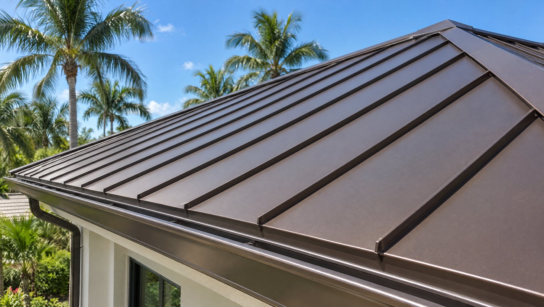 Close-up of a dark bronze standing seam metal roof with straight parallel seams running from the eave to the hip