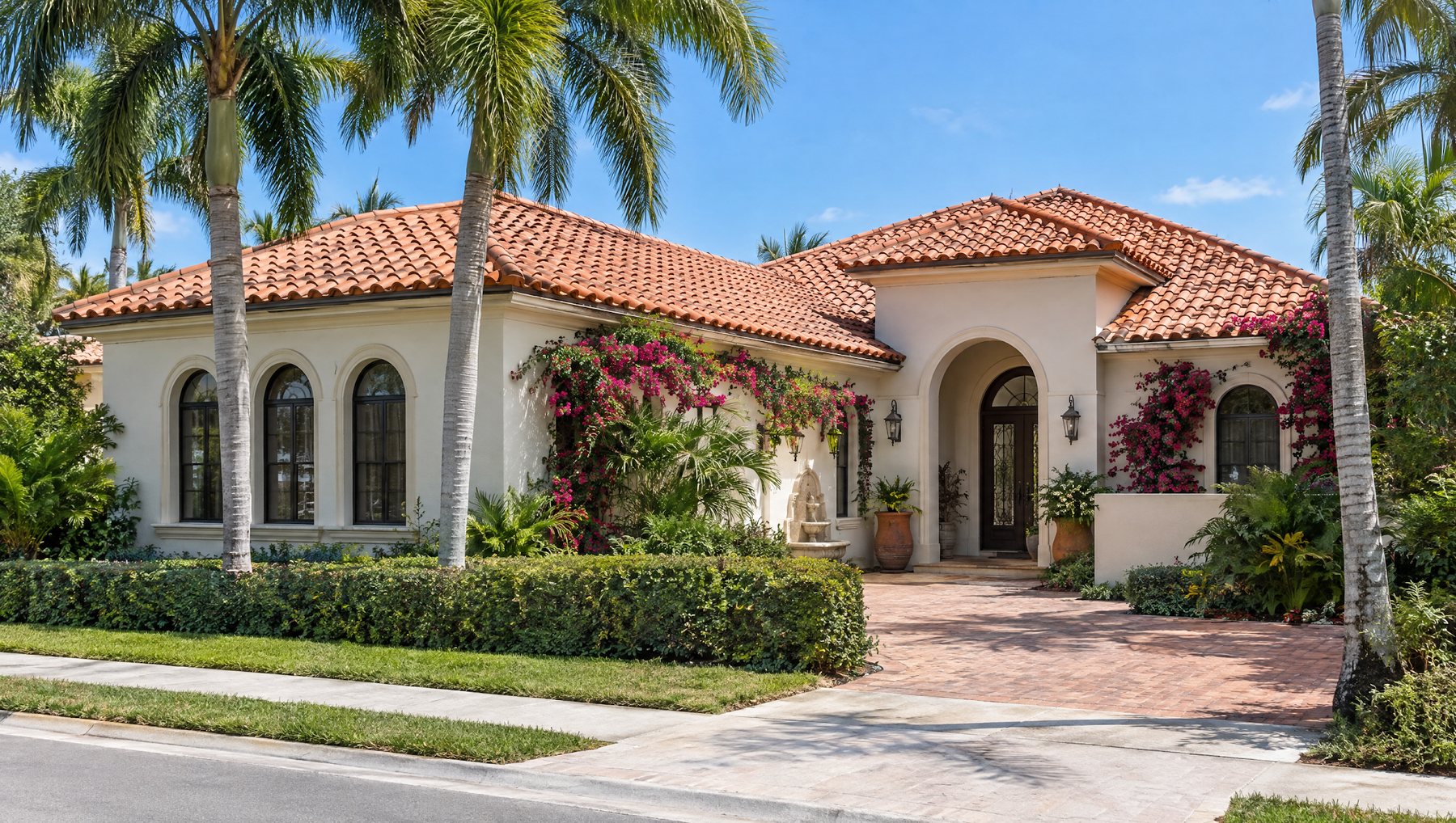 Mediterranean revival Florida home with a terracotta clay barrel tile roof, arched windows, palms and bougainvillea