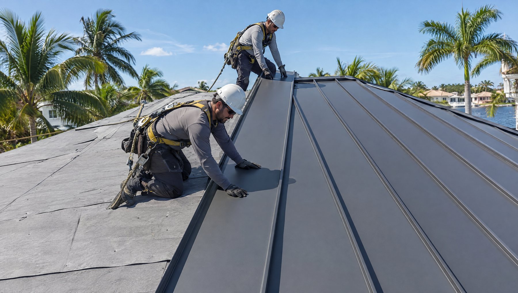 Two roofers in harnesses installing charcoal standing seam metal panels over self-adhered underlayment on a Florida roof