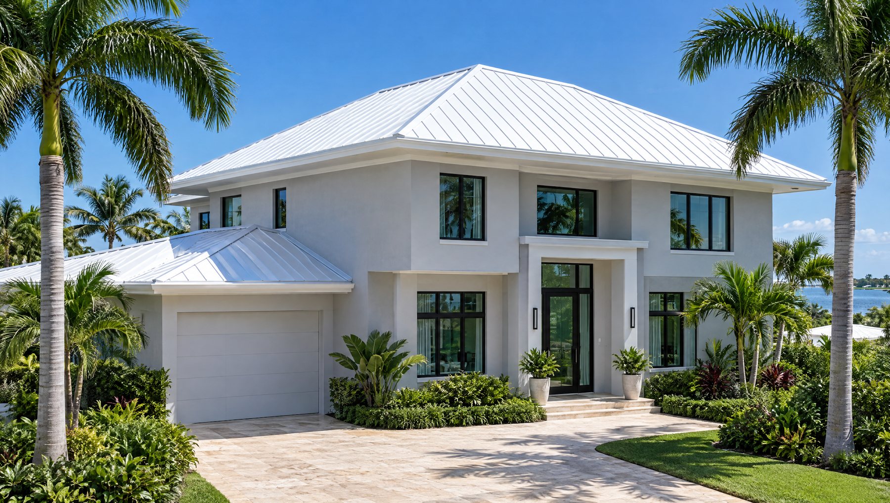 Two-story South Florida home with a bright white standing seam metal hip roof, gray stucco and royal palms