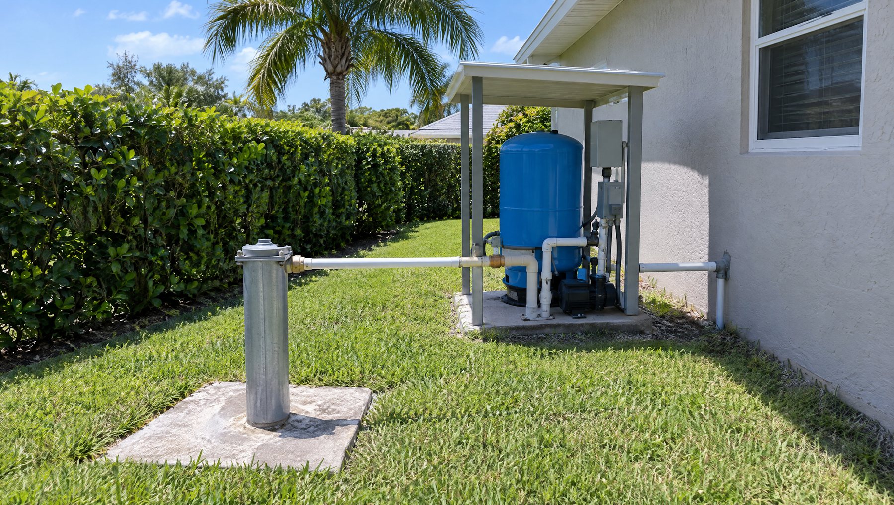 Private well pressure tank and wellhead beside a Florida home with palms in the background