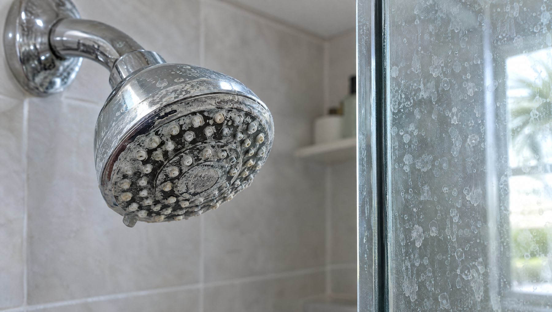 Close-up of a chrome shower head with white mineral scale around the nozzles