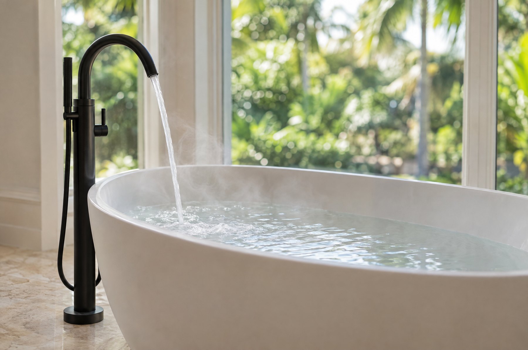 A white freestanding soaking tub filling with steaming hot water from a matte black floor-mounted tub filler, with garden windows blurred behind
