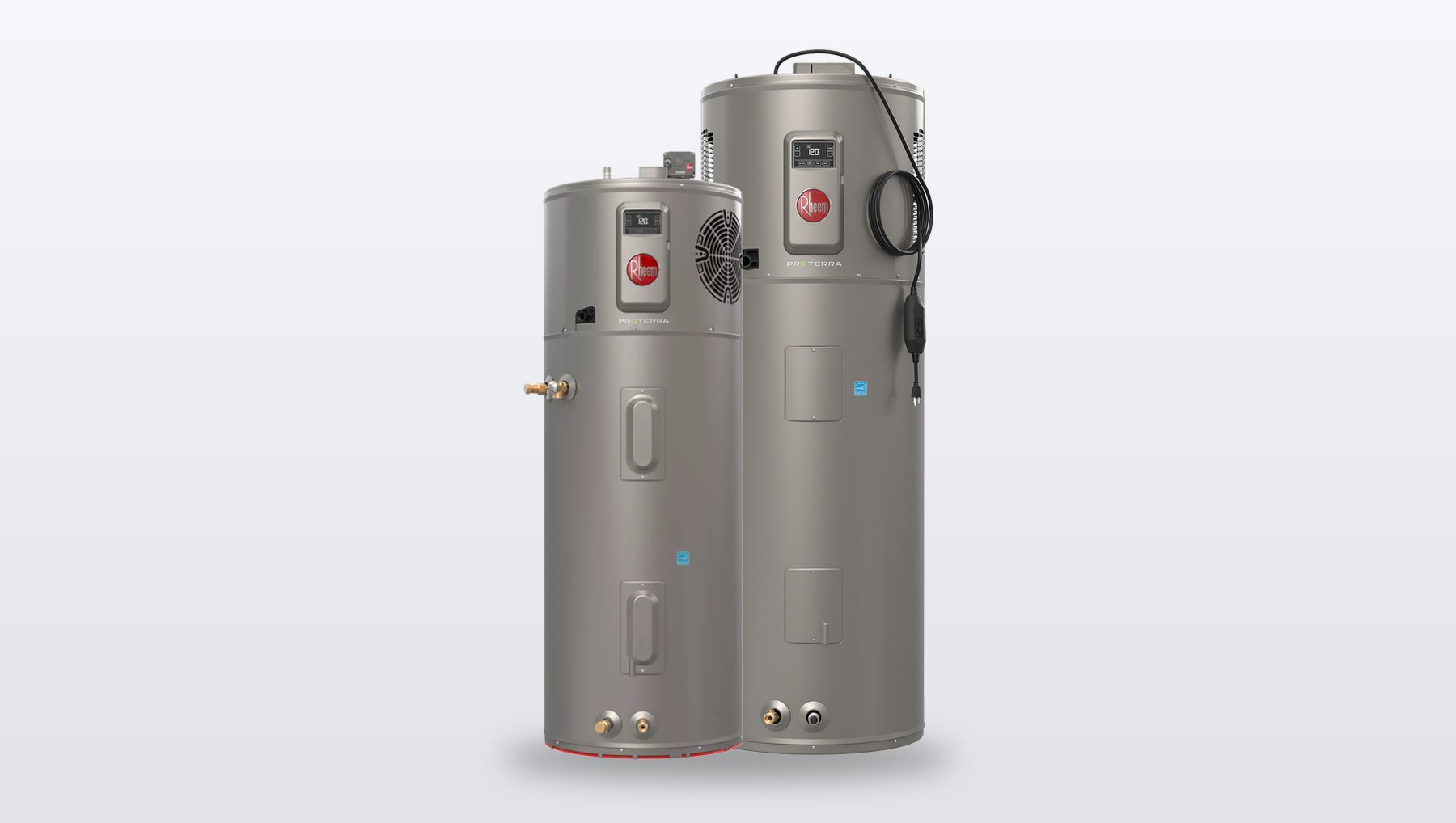 Rheem ProTerra hybrid electric heat pump water heaters, 50 gallon and 80 gallon models, side by side