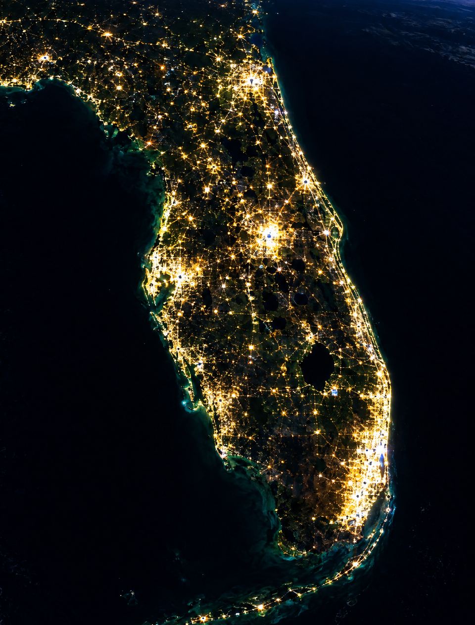 Florida's power grid lit up at night, seen from space
