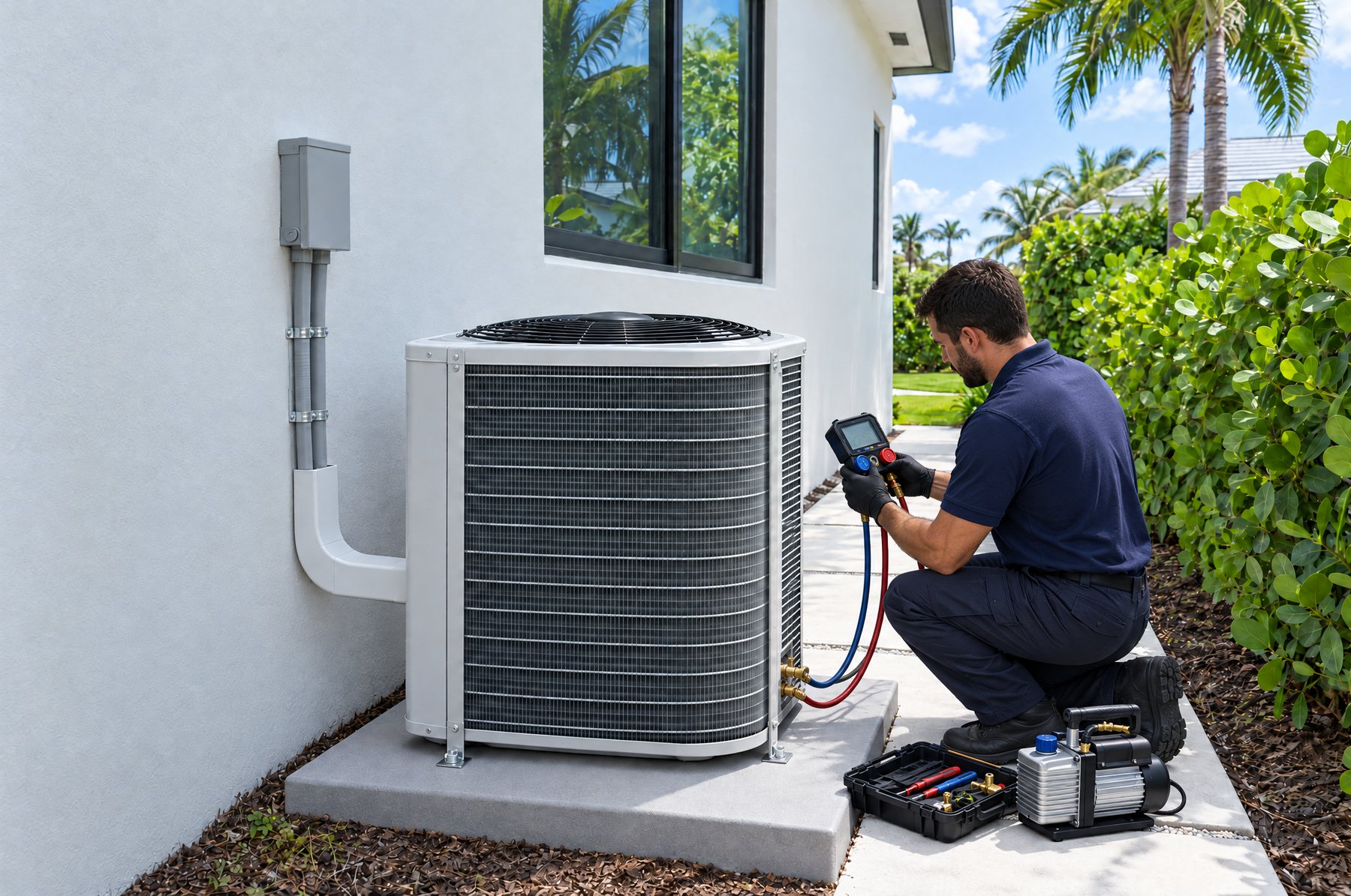The same side yard with a technician kneeling beside a new white condenser, reading a digital refrigerant gauge, with a vacuum pump and tool case on the walkway