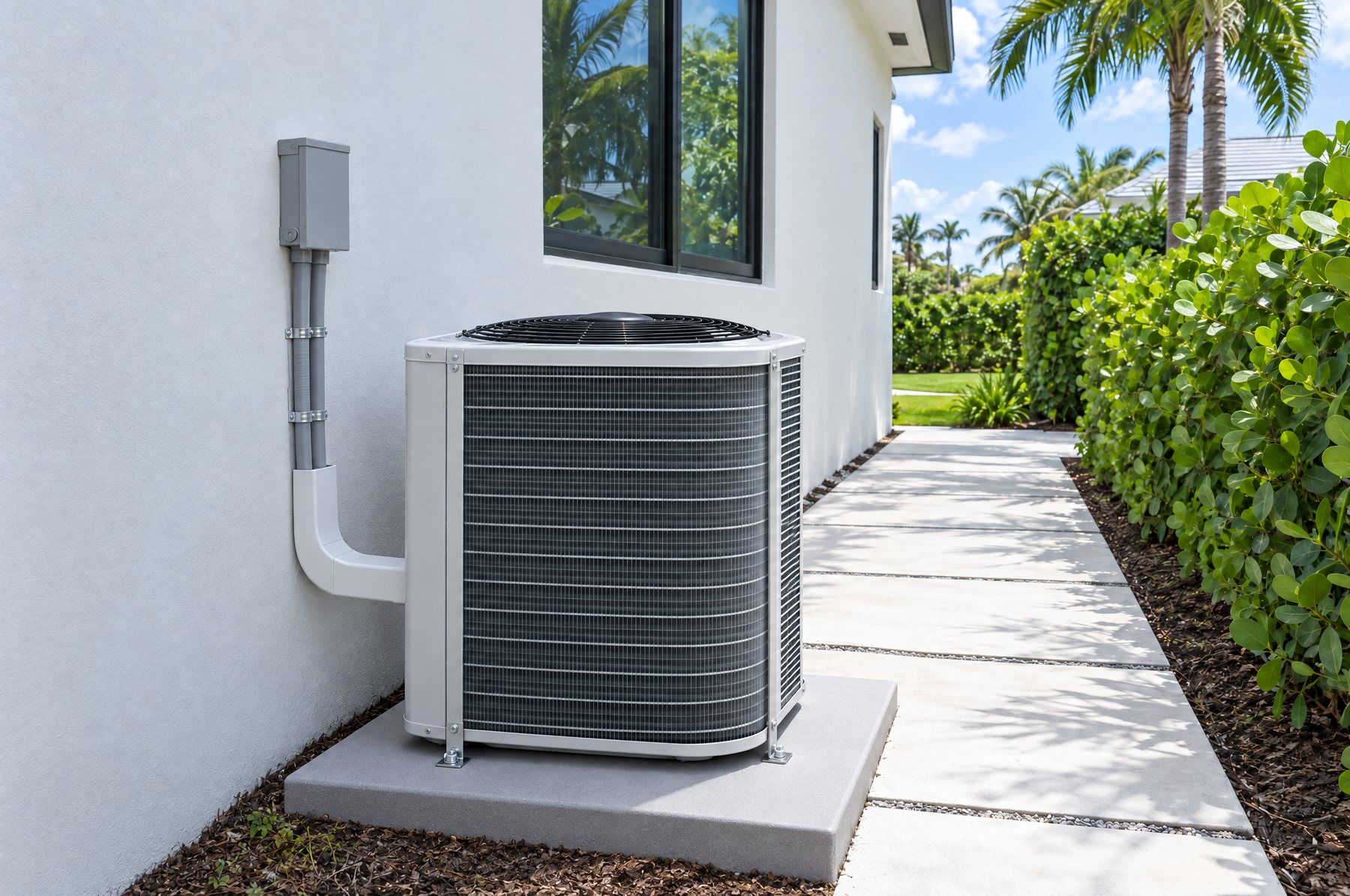The same side yard with a new white central air conditioner condenser on a new pad, a new disconnect box and a white line-set cover