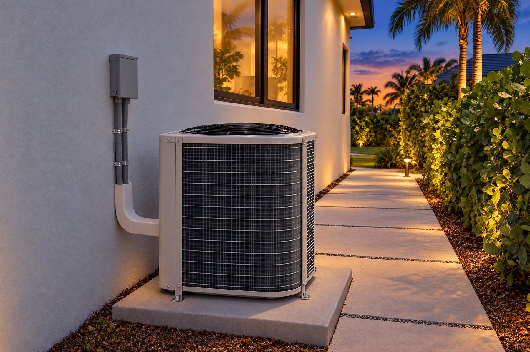 The same side yard at dusk with the new condenser, warm light in the window and landscape lights along the hedge