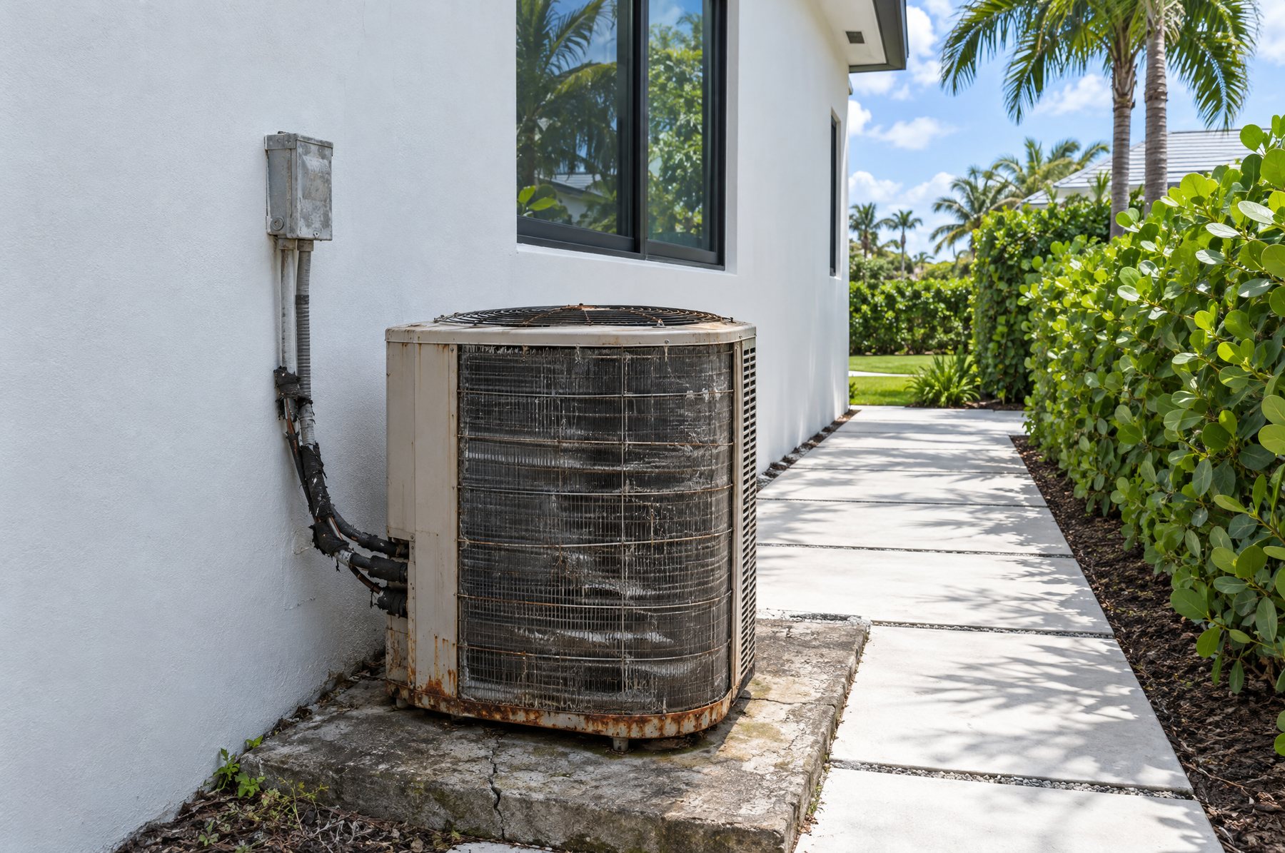 The side yard of a modern Florida home with a sun-faded, rusting old air conditioner condenser on a cracked concrete pad and frayed line insulation