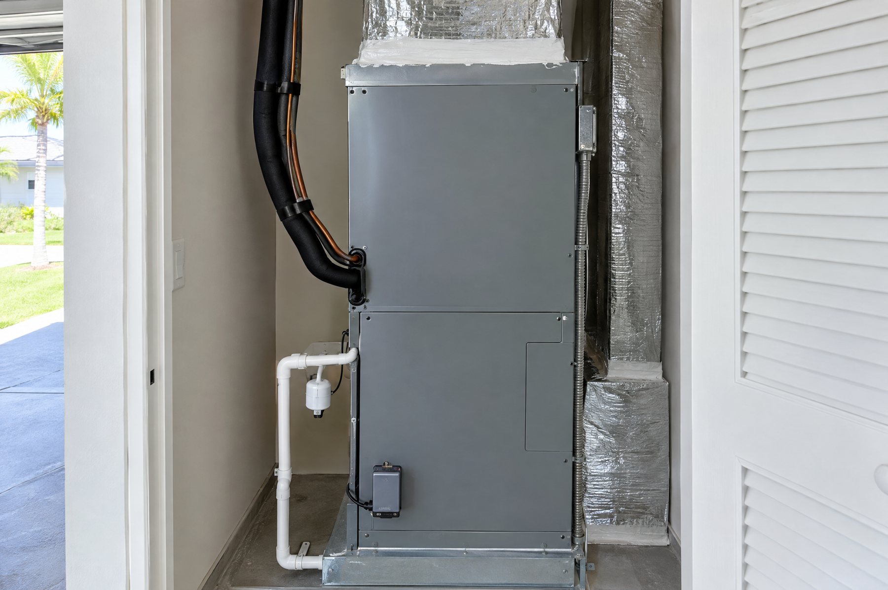 A new indoor air handler with a matched coil in a Florida garage closet, with sealed duct connections, insulated refrigerant lines and a white condensate drain with a float switch
