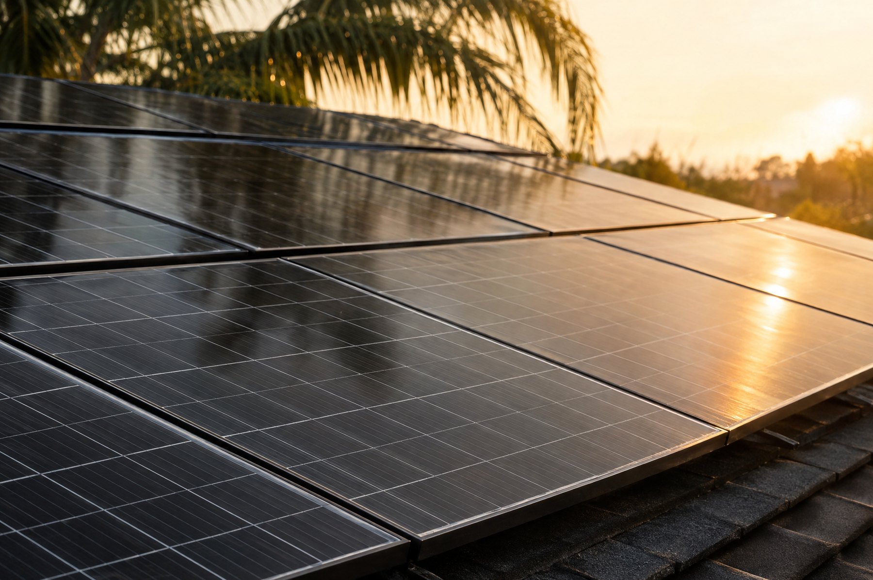 Close-up of all-black monocrystalline solar panels in low morning sun with palm fronds behind them