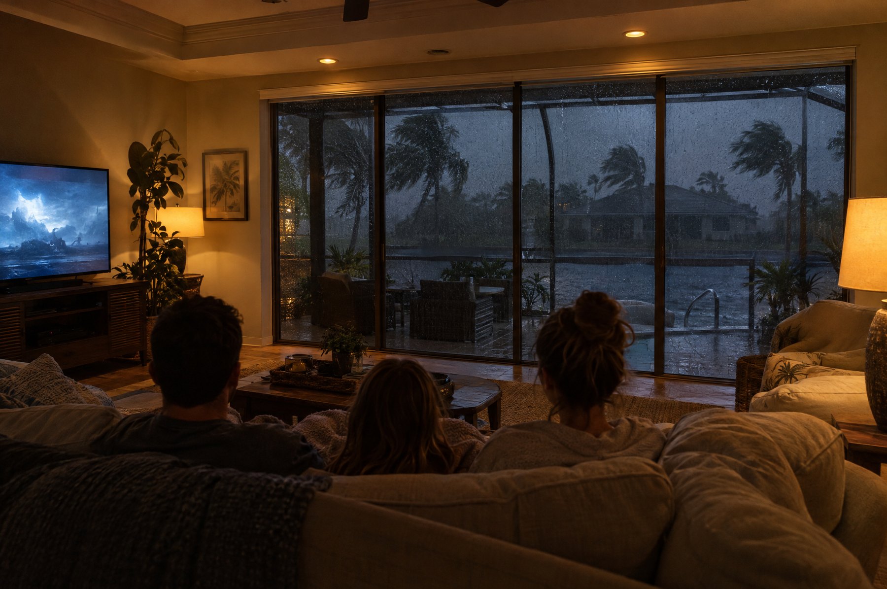A family on a sofa in a lamp-lit Florida family room at night, watching heavy rain and bending palms through sliding glass doors while the house across the canal is dark