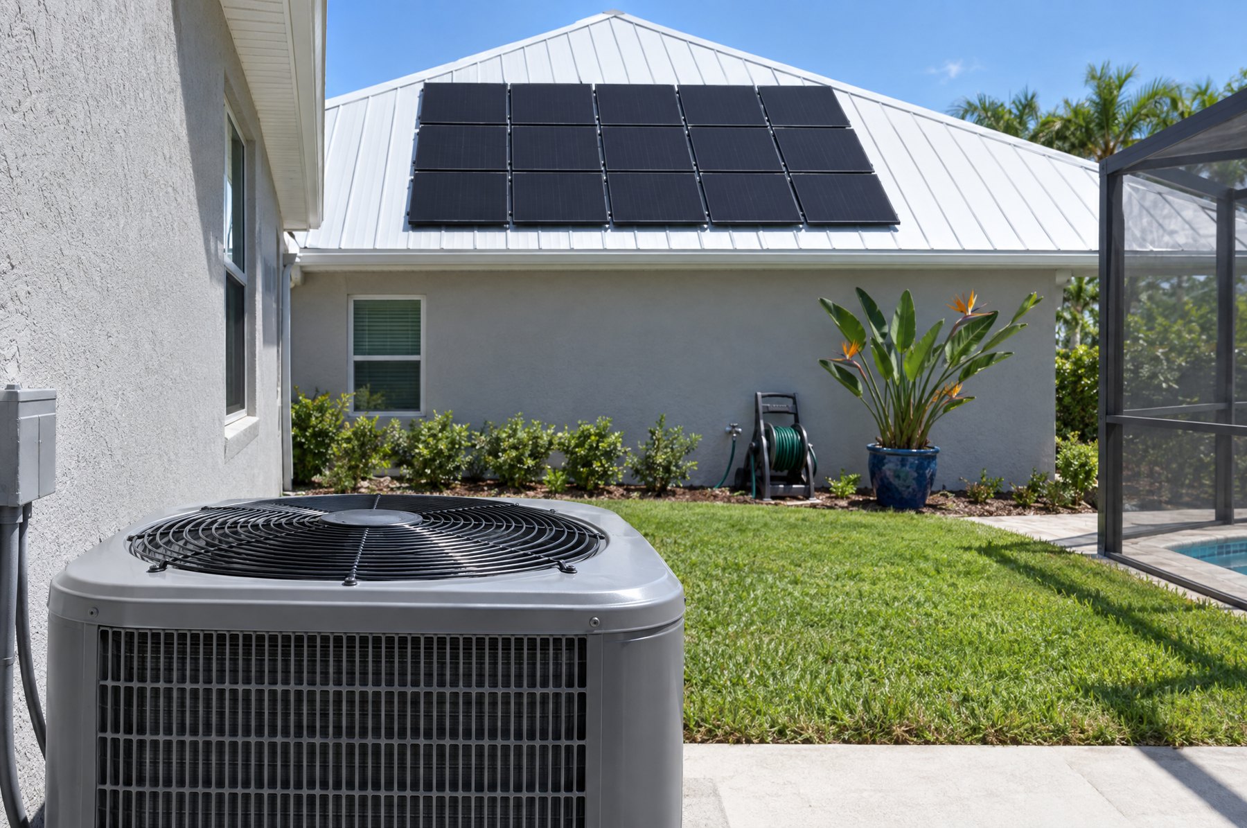 An outdoor air conditioning condenser in the side yard of a Florida home, with a rectangular array of black solar panels on the white metal roof behind it and a pool enclosure at the edge