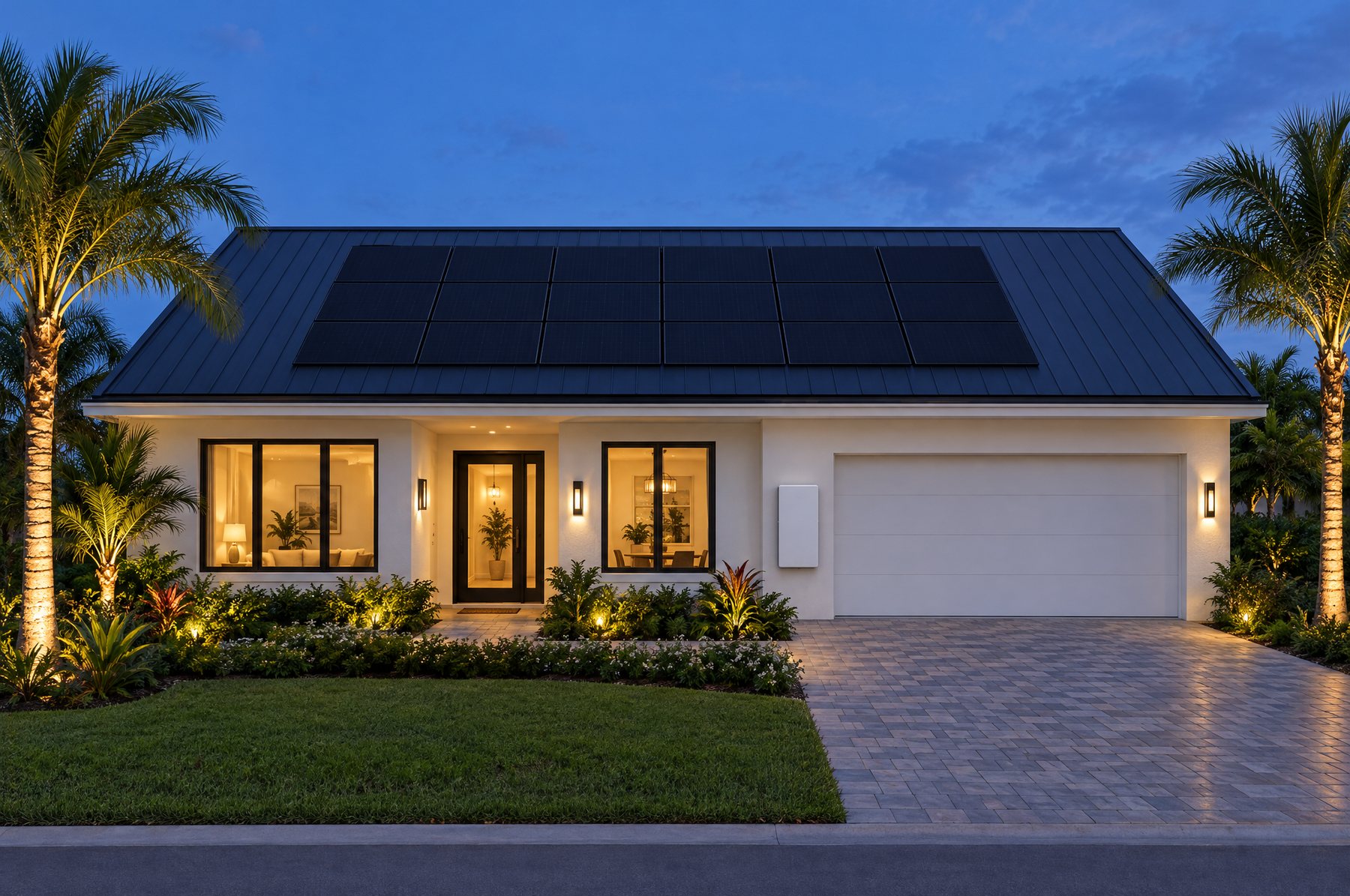 A white Florida home at blue hour with a rectangular block of black solar panels on its dark metal roof, warm lights in the windows and a home battery on the wall beside the garage