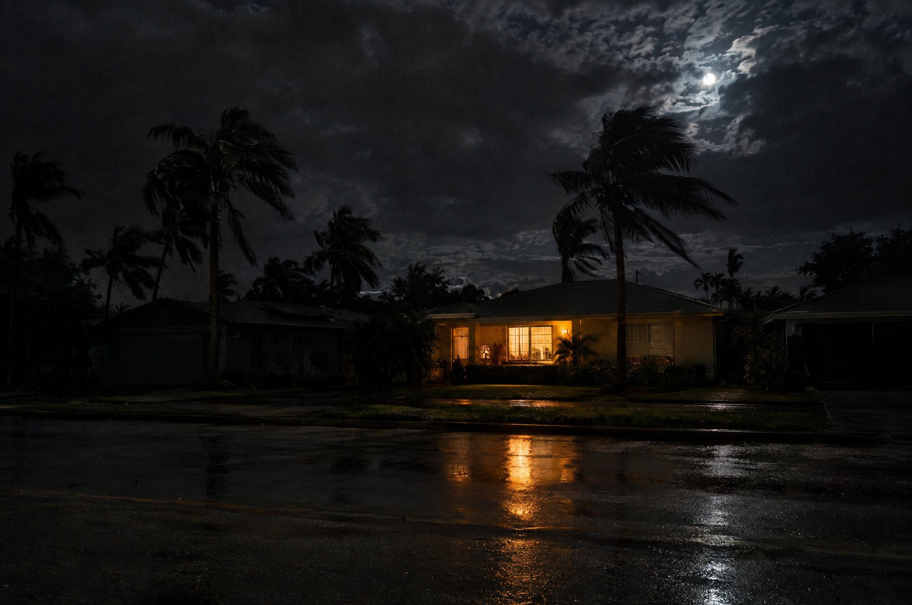 A dark Florida street at night after a storm with every house dark except one, whose windows glow warm and reflect on the wet road