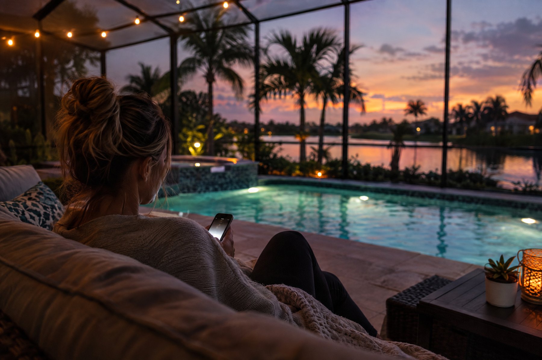A woman relaxing under a screened Florida lanai at dusk, checking her phone beside a lit pool