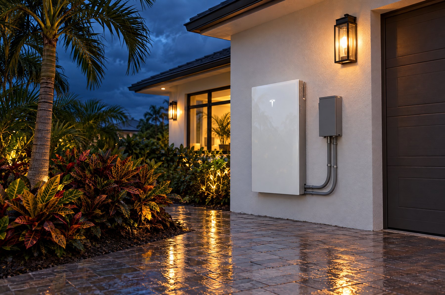 A white Tesla Powerwall 3 mounted on the stucco wall beside a garage door at dusk, with a gray disconnect and conduit, wall lanterns lit and a wet paver driveway