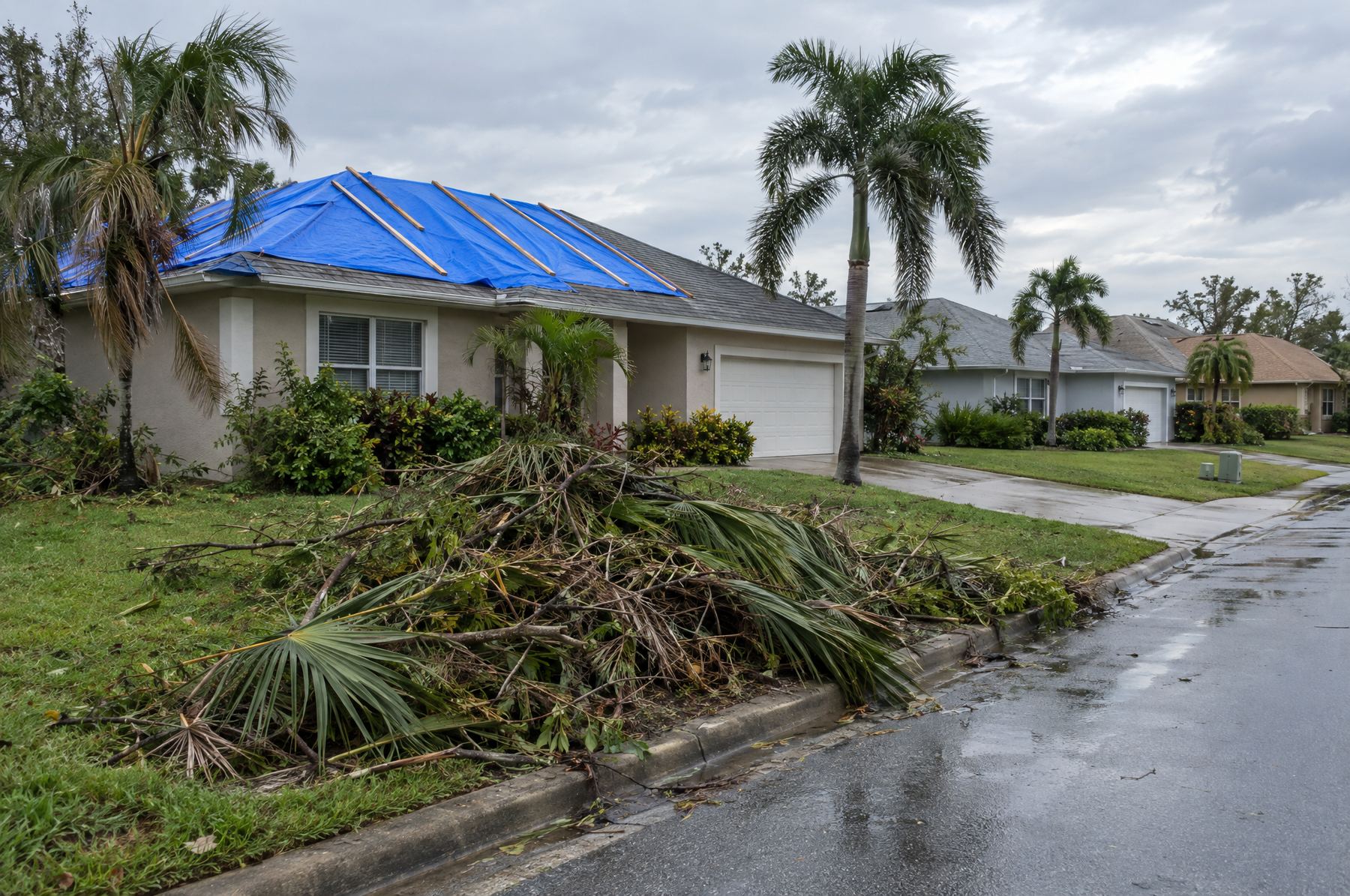 A Florida home with a blue tarp fastened over part of its shingle roof the day after a hurricane, with palm debris piled at the curb on a wet street