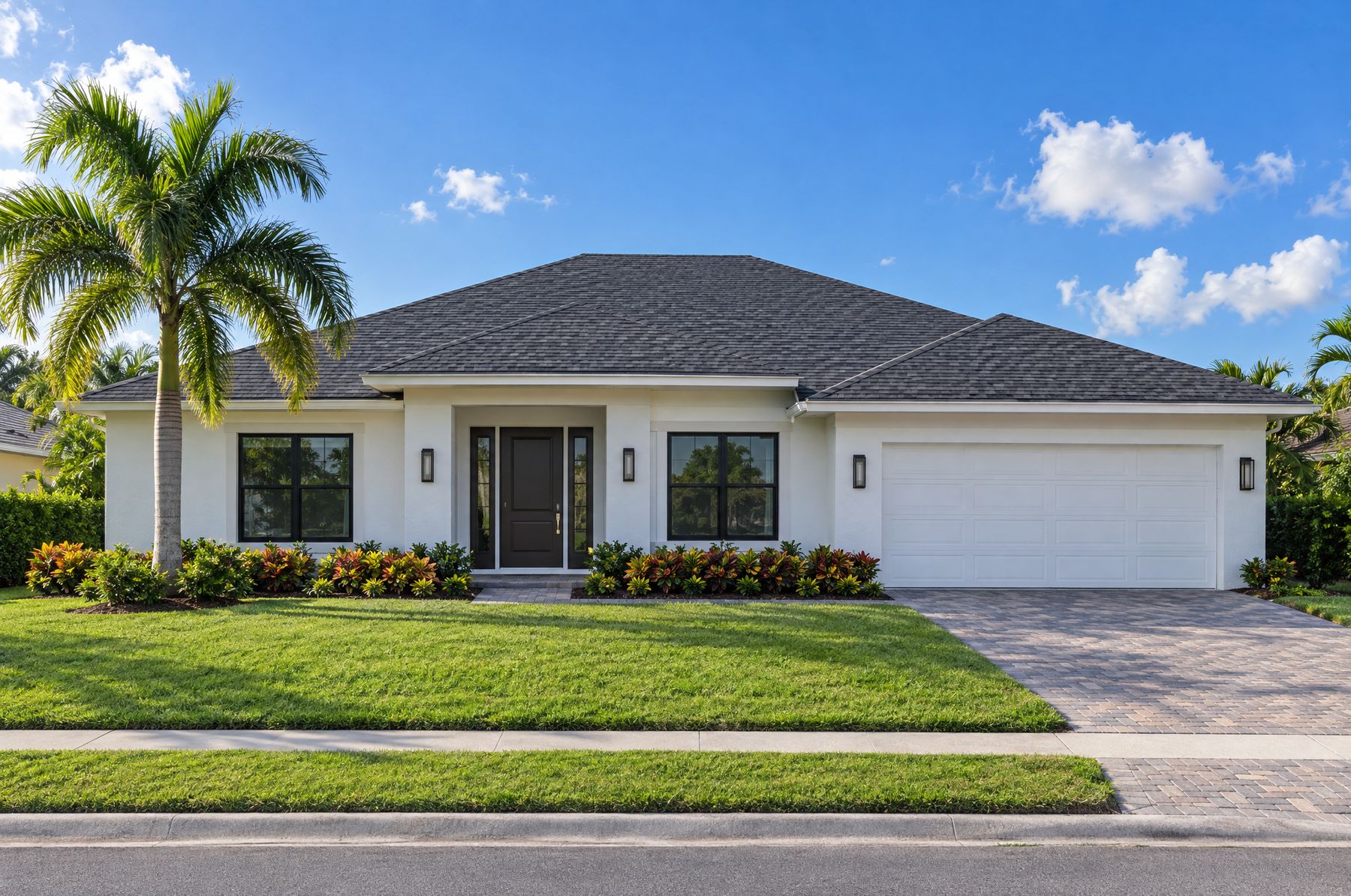 A white single-story Florida home with a charcoal architectural shingle hip roof, a royal palm and a paver driveway