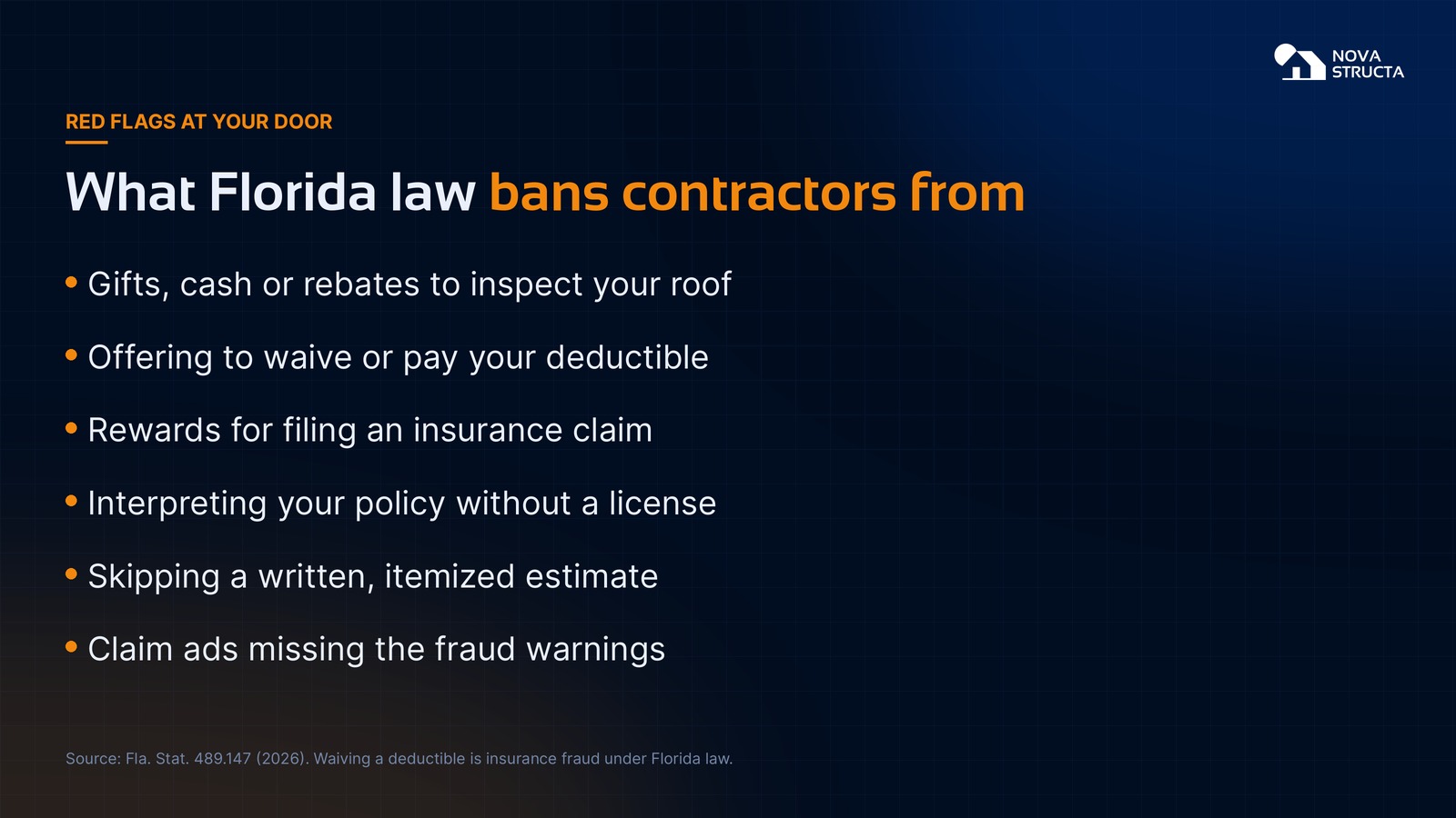 What Florida law bans contractors from: gifts for an inspection, waiving your deductible, rewards for filing a claim, interpreting your policy without a license, skipping a written estimate, and claim ads without fraud warnings