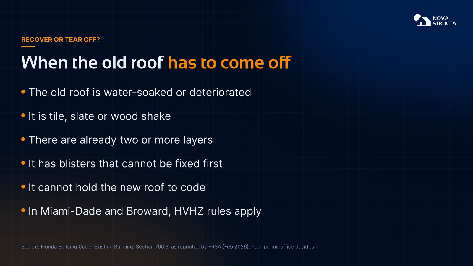 When the old roof has to come off: water-soaked or deteriorated, tile, slate or wood shake, two or more layers, unfixed blisters, cannot hold the new roof, and HVHZ rules in Miami-Dade and Broward