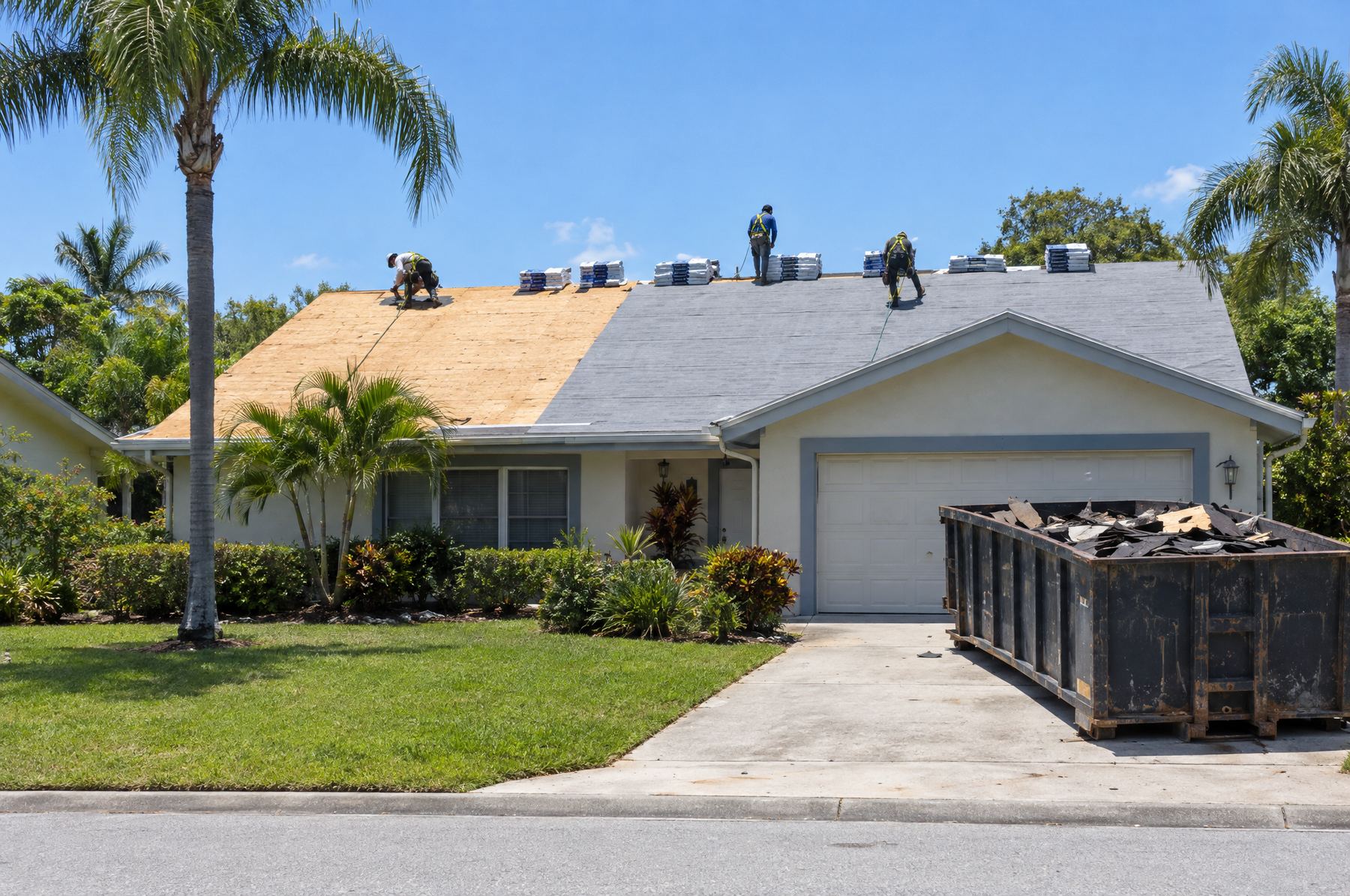 A roofing crew in safety harnesses replacing a roof on a Florida home: bare plywood on one side, new gray underlayment on the other, bundles of shingles along the ridge and a dumpster in the driveway