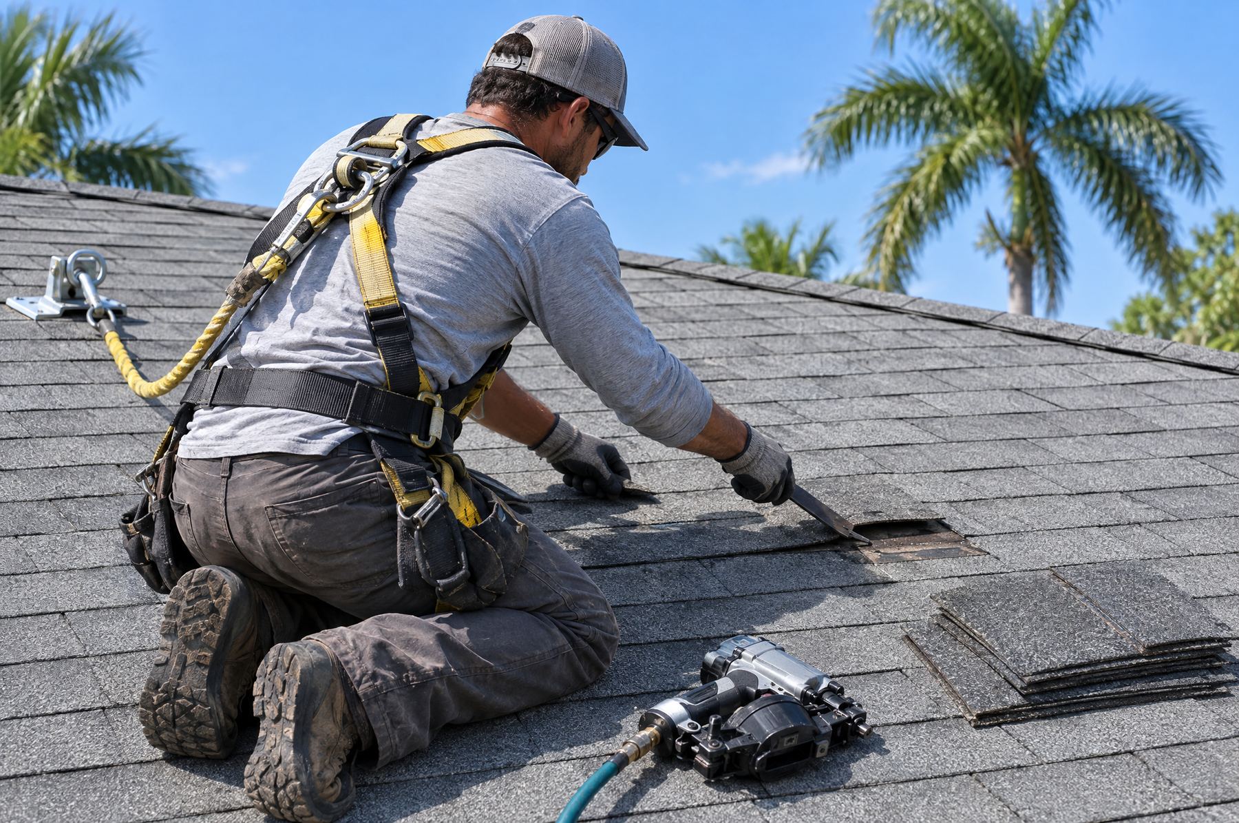 A roofer in a safety harness kneels on a gray shingle roof, lifting a shingle course with a pry bar beside a stack of replacement shingles and a nail gun