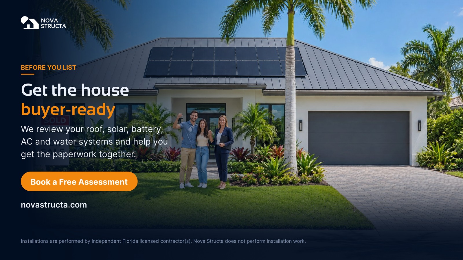 Get the house buyer-ready: we review your roof, solar, battery, AC and water systems and help you get the paperwork together. Book a free assessment.
