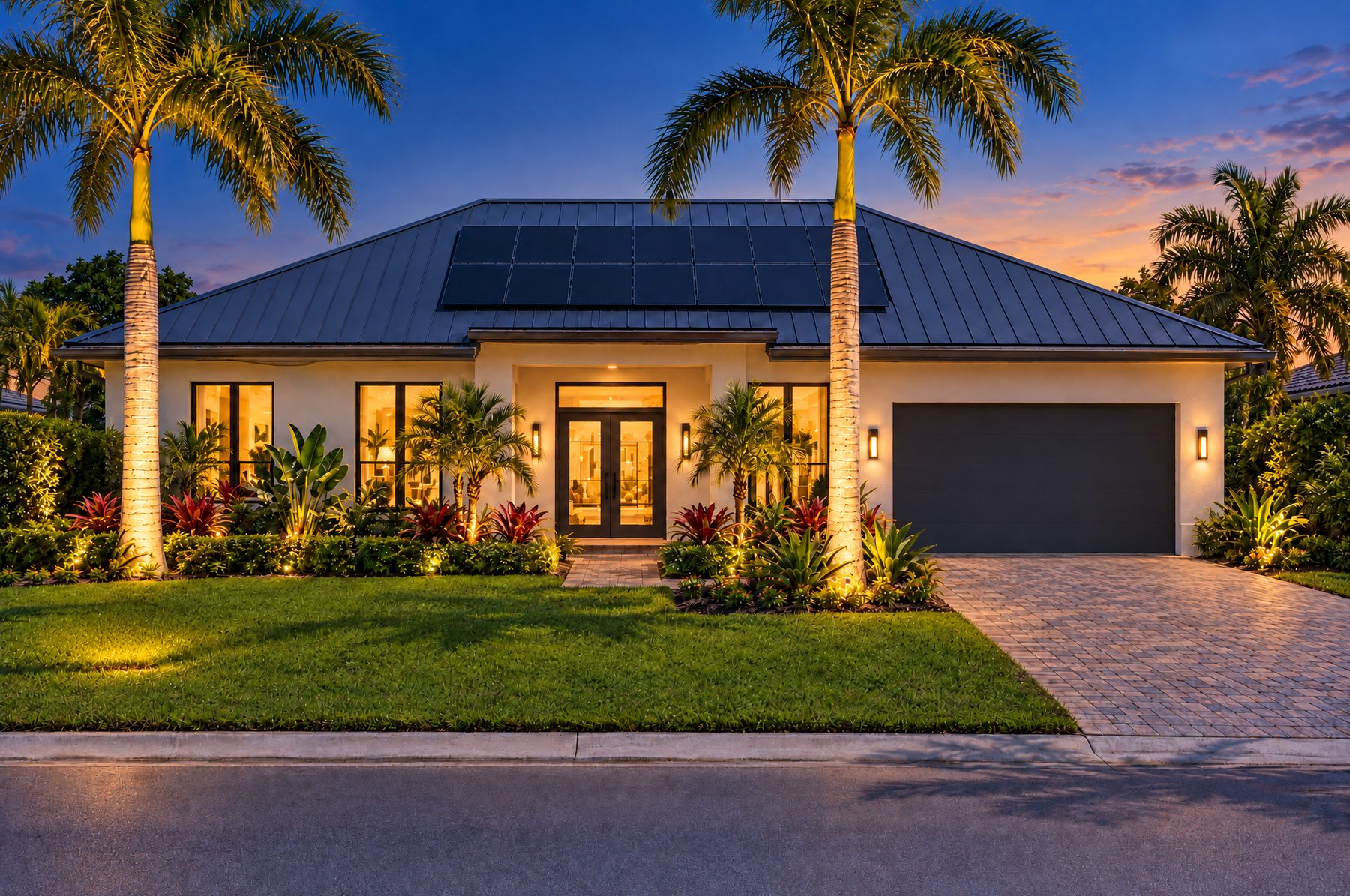 The same home at blue hour with the sign gone, warm light in every window and landscape lights on the palms