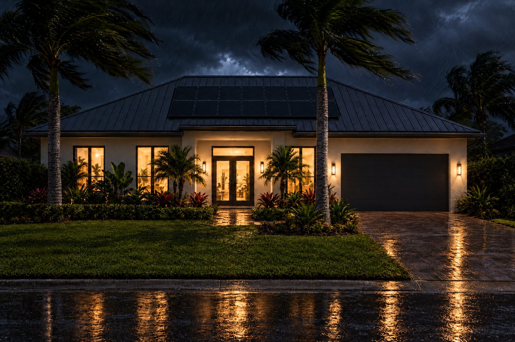 The same home on a dark, stormy night with wet streets, still lit from inside while the street is dark