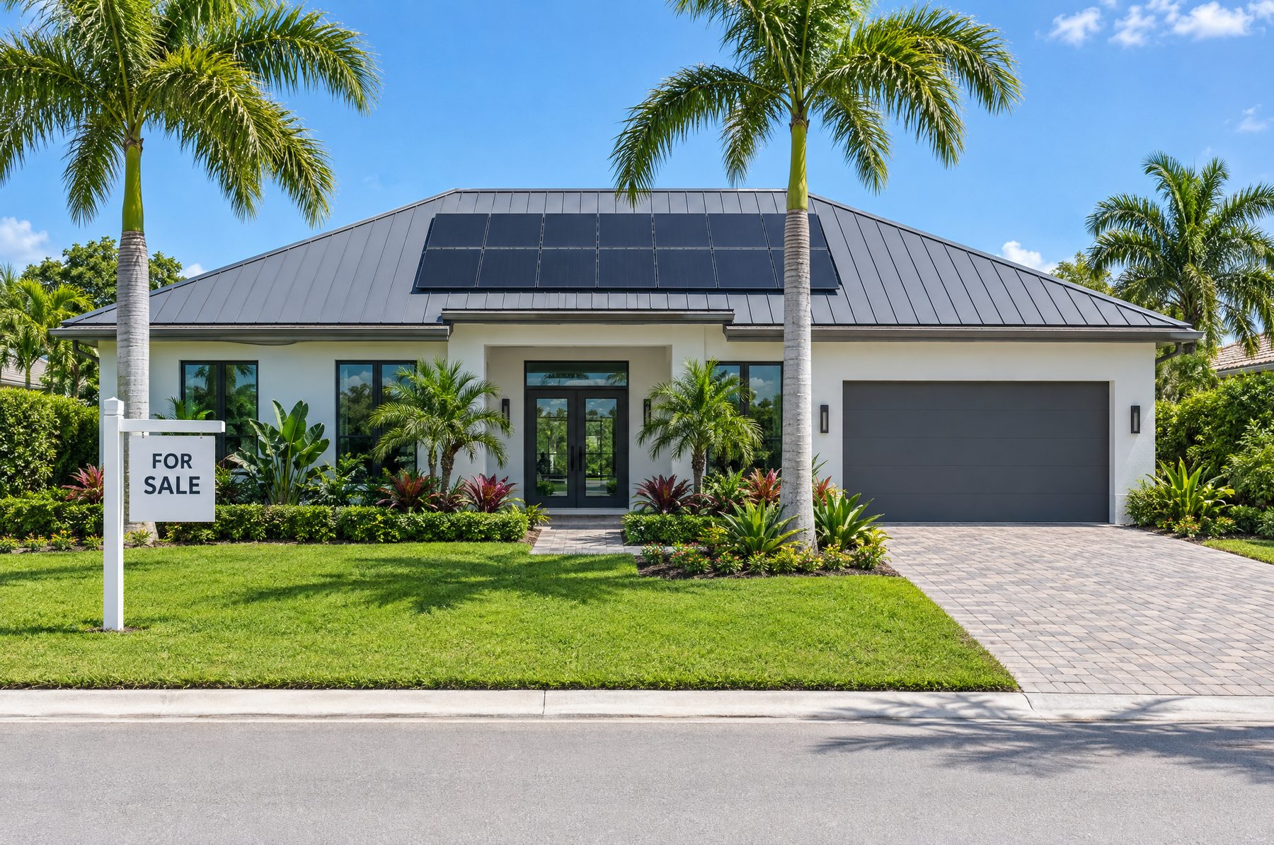 A modern Florida home with a metal roof, a centered array of black solar panels and a For Sale sign on a sunny day