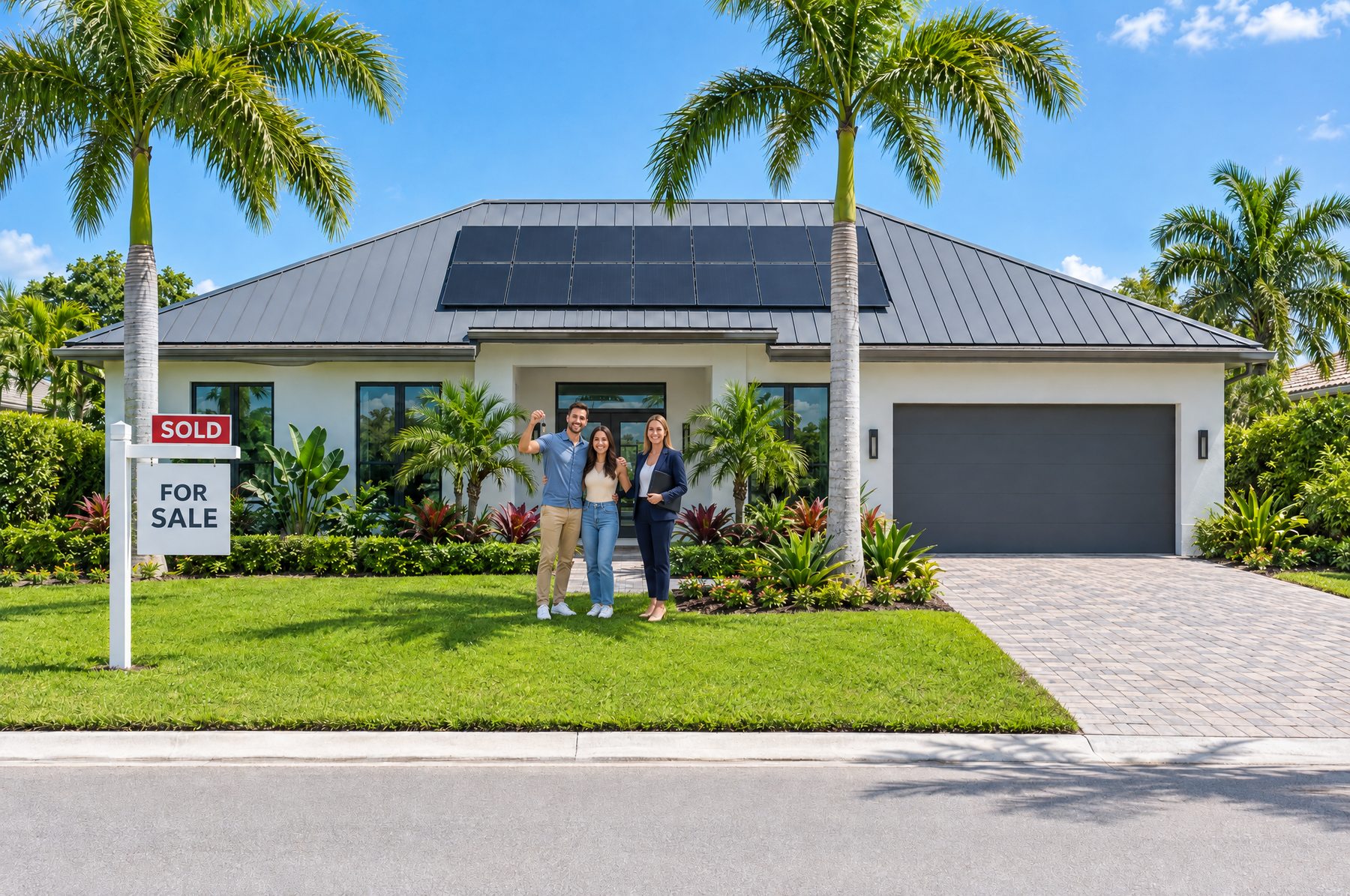 The same home on a sunny day with a Sold rider on the sign and a young couple holding up keys beside their agent