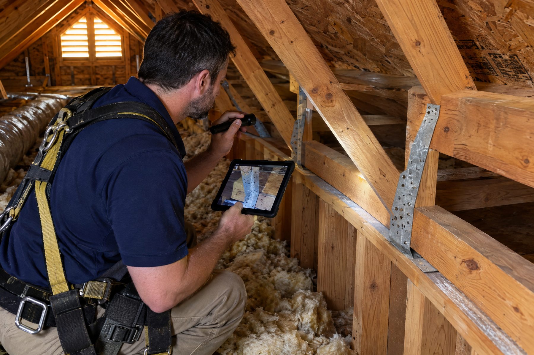 An inspector in a harness kneeling in an attic with a flashlight and tablet, photographing the metal hurricane straps that tie the roof trusses to the wall